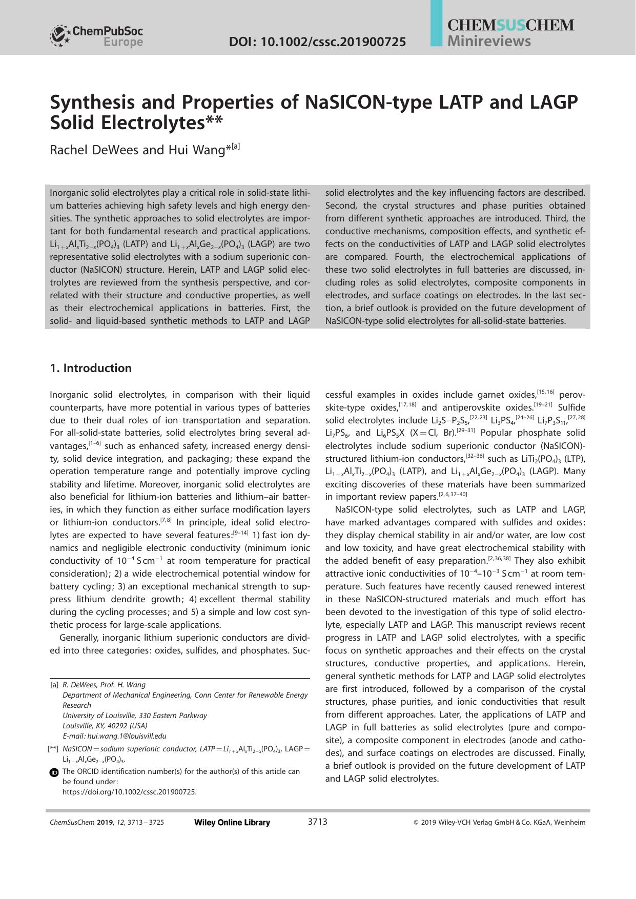Synthesis and Properties of NaSICONâtype LATP and LAGP Solid Electrolytes by Unknown