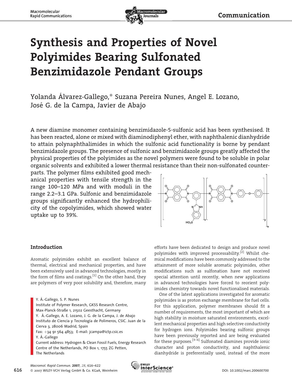 Synthesis and Properties of Novel Polyimides Bearing Sulfonated Benzimidazole Pendant Groups by Unknown