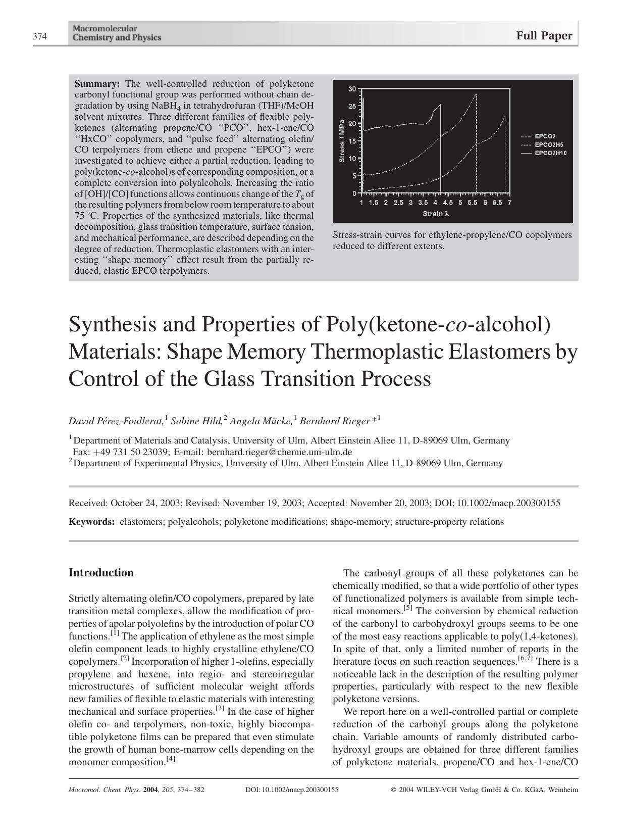 Synthesis and Properties of Poly(ketone-co-alcohol) Materials: Shape Memory Thermoplastic Elastomers by Control of the Glass Transition Process by unknow