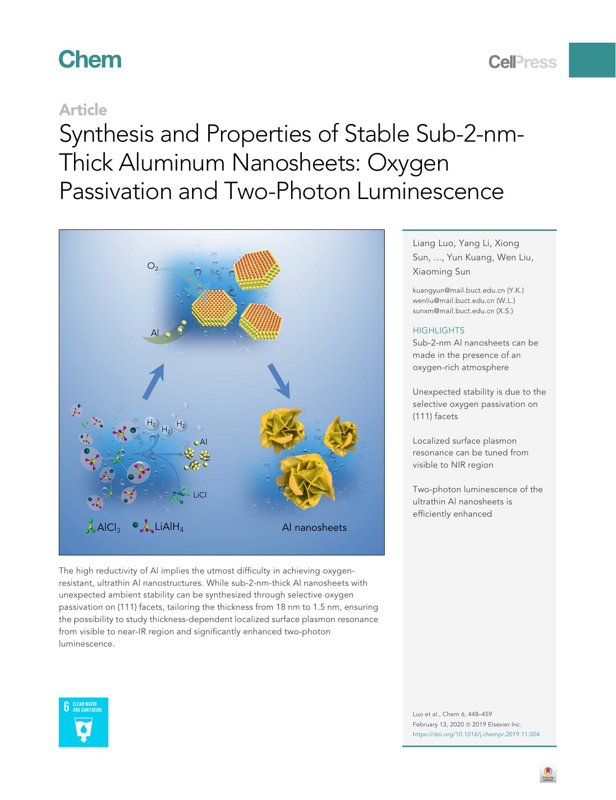 Synthesis and Properties of Stable Sub-2-nm-Thick Aluminum Nanosheets: Oxygen Passivation and Two-Photon Luminescence by unknow