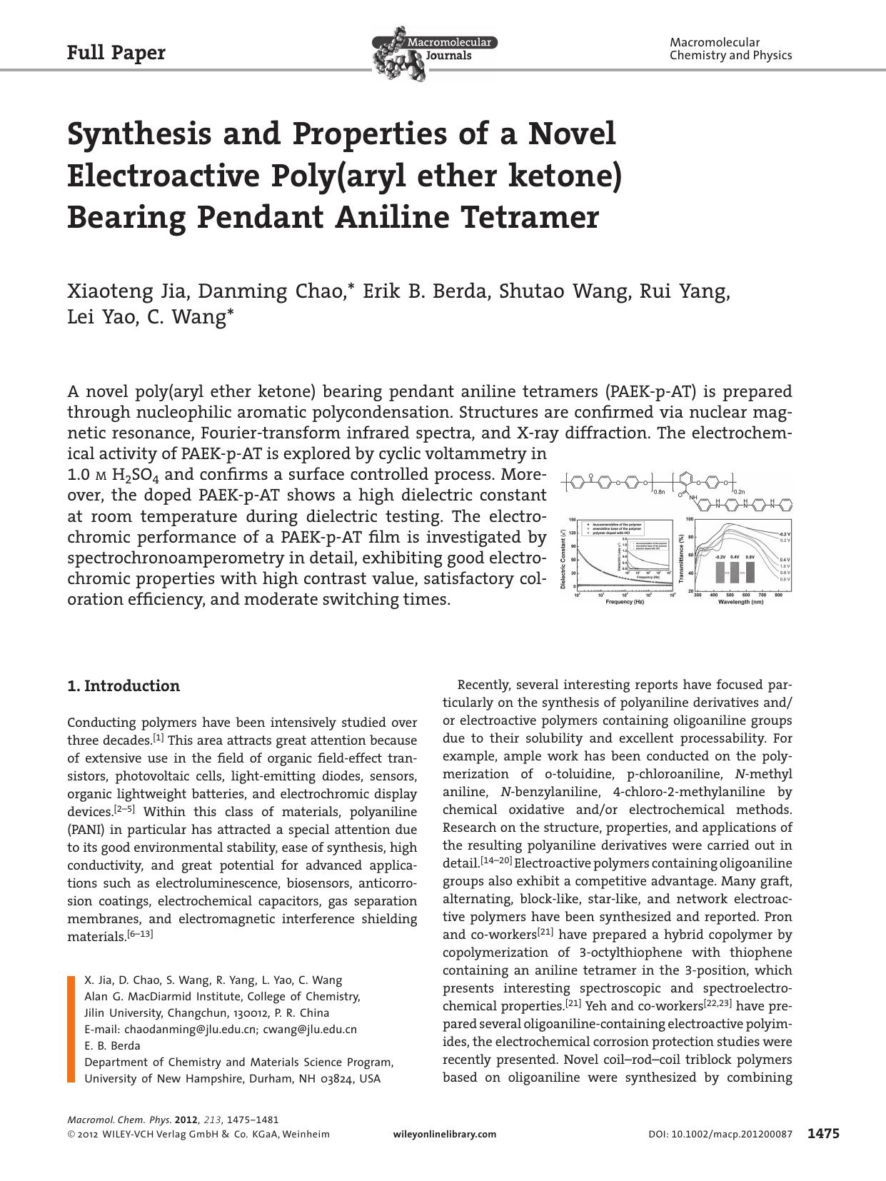 Synthesis and Properties of a Novel Electroactive Poly(aryl ether ketone) Bearing Pendant Aniline Tetramer by vng