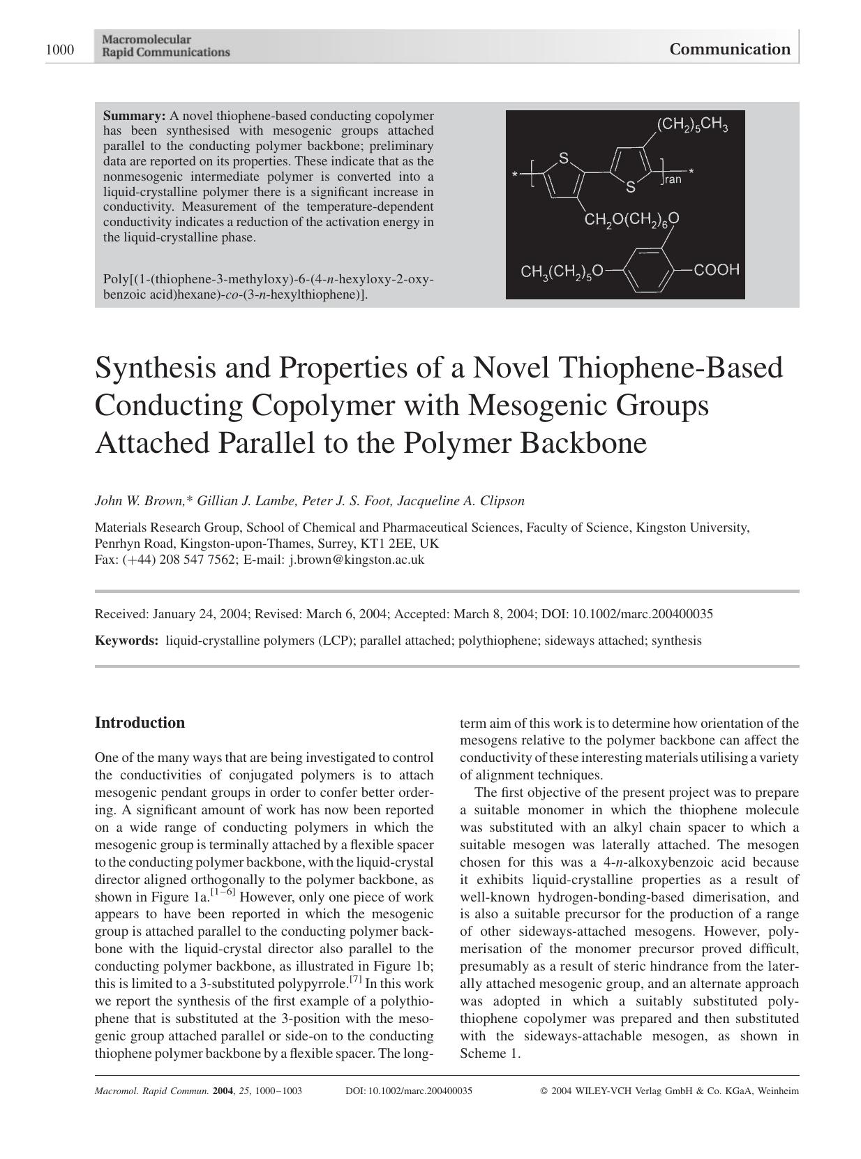 Synthesis and Properties of a Novel Thiophene-Based Conducting Copolymer with Mesogenic Groups Attached Parallel to the Polymer Backbone by Unknown