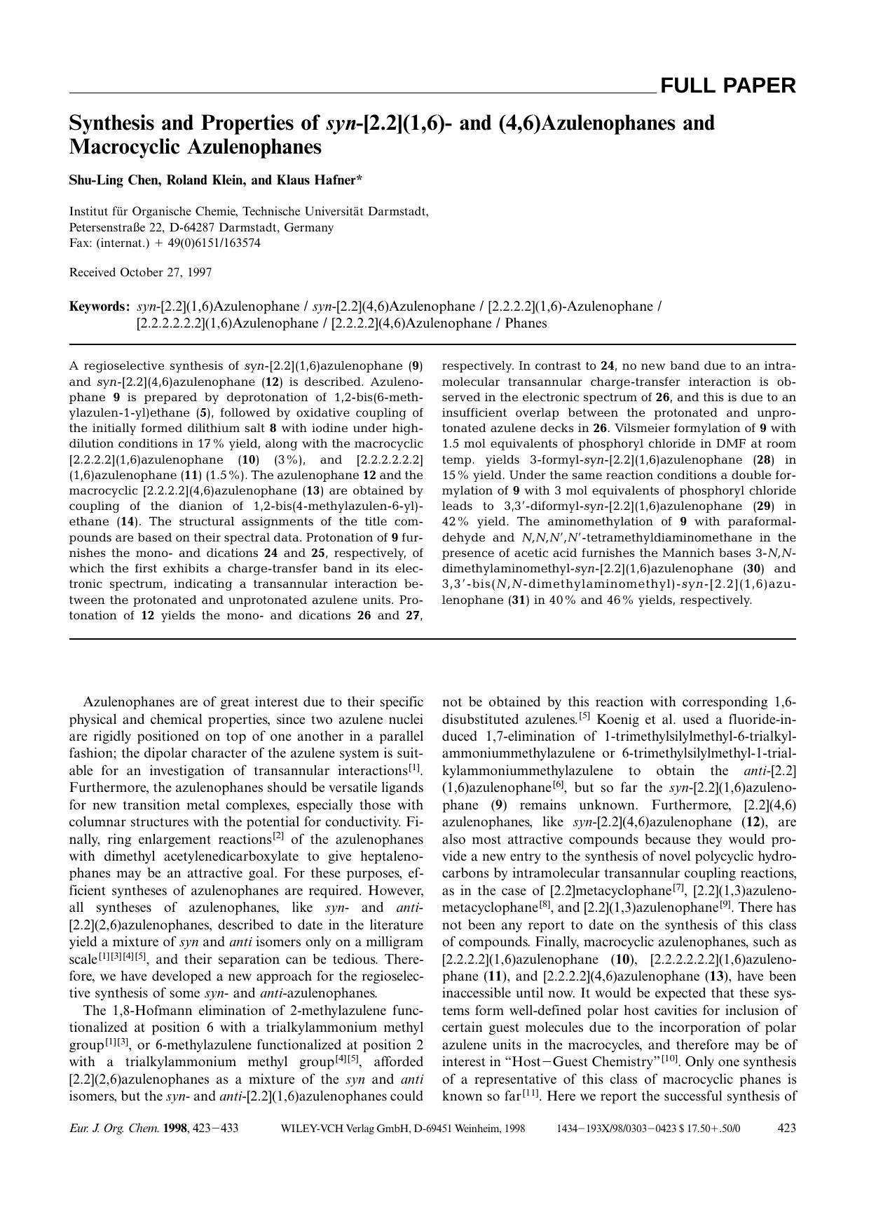 Synthesis and Properties of syn-[2.2](1,6)- and (4,6)Azulenophanes and Macrocyclic Azulenophanes by Unknown