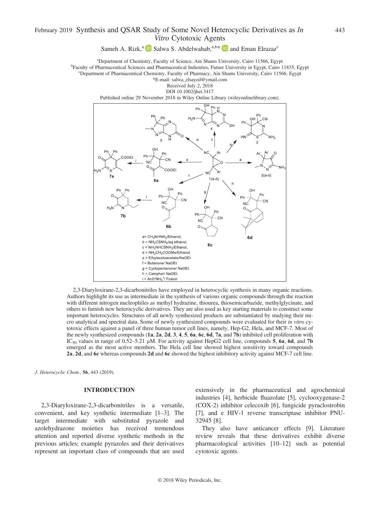 Synthesis and QSAR Study of Some Novel Heterocyclic Derivatives as In Vitro Cytotoxic Agents by Sameh A. Rizk Salwa S. Abdelwahab Eman Elrazaz