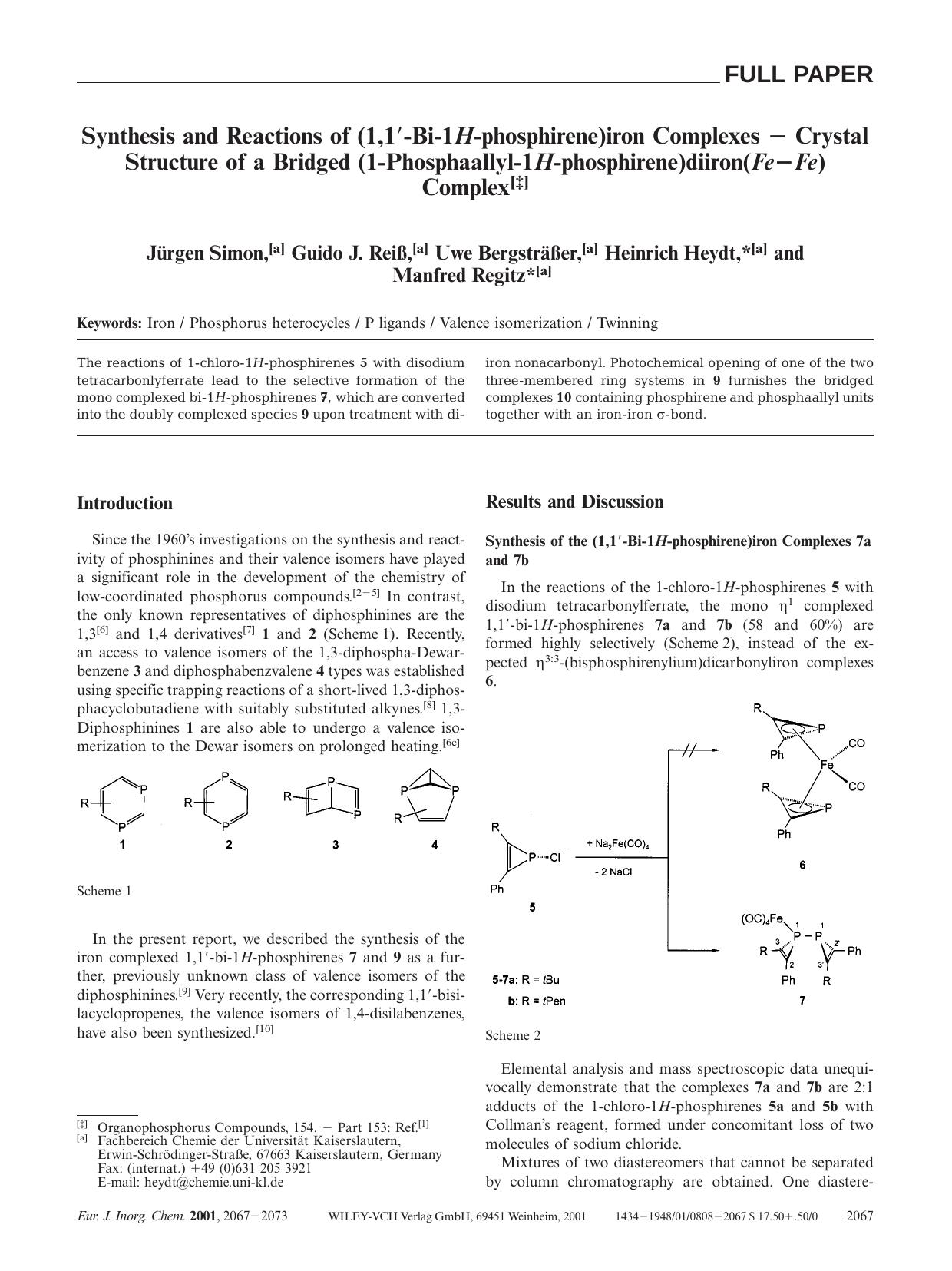 Synthesis and Reactions of (1,1[prime]-Bi-1H-phosphirene)iron Complexes - Crystal Structure of a Bridged (1-Phosphaallyl-1H-phosphirene)diiron(Fe-Fe) Complex by Unknown