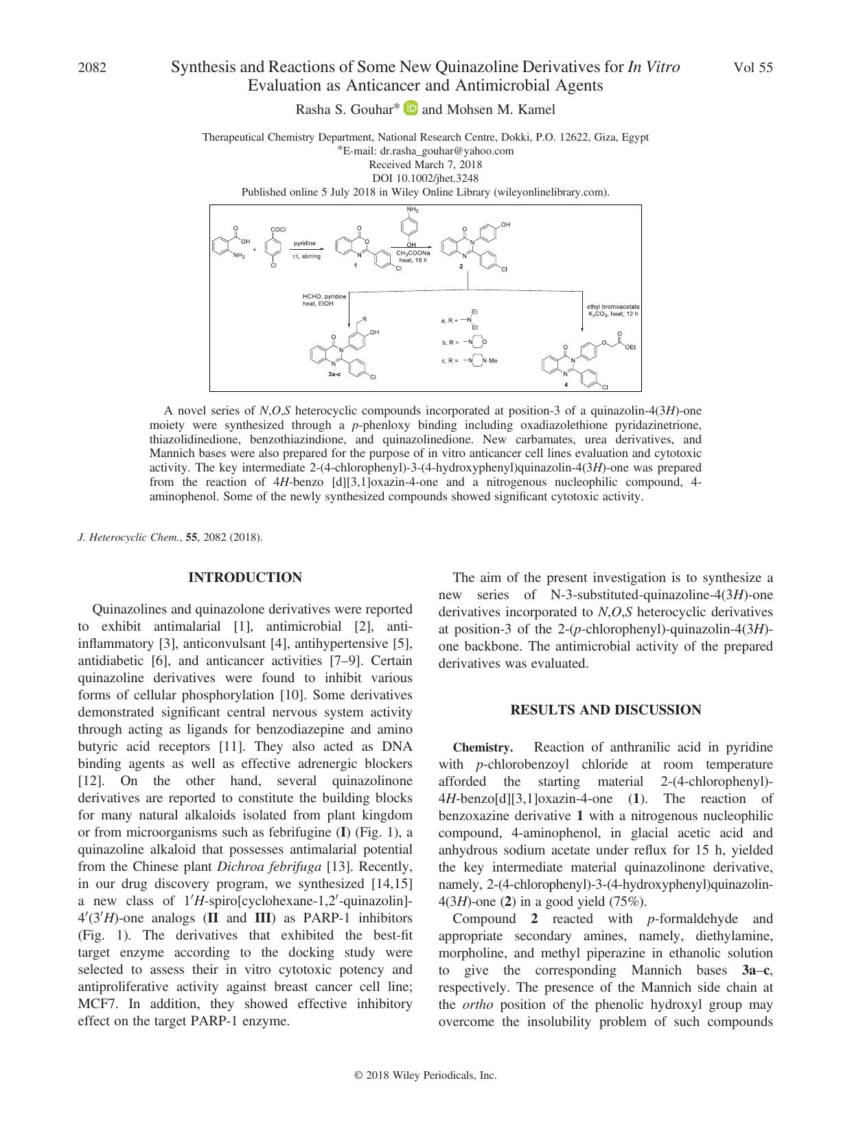 Synthesis and Reactions of Some New Quinazoline Derivatives for In Vitro Evaluation as Anticancer and Antimicrobial Agents by Rasha S. Gouhar & Mohsen M. Kamel