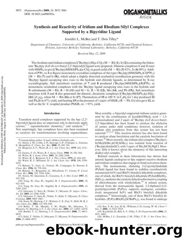 Synthesis and Reactivity of Iridium and Rhodium Silyl Complexes Supported by a Bipyridine Ligand by Jennifer L. McBee & T. Don Tilley*