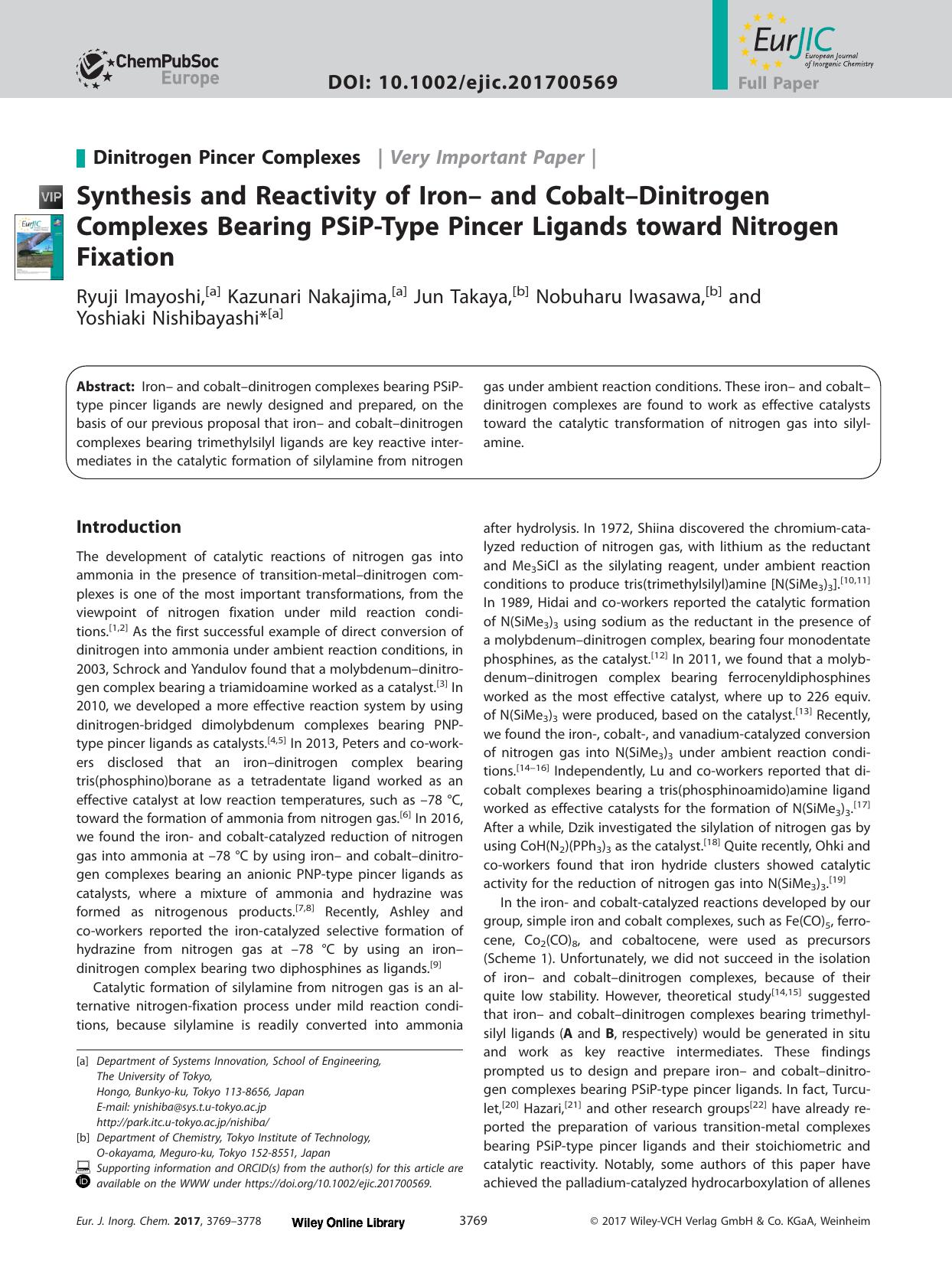 Synthesis and Reactivity of Iron&#x02013; and Cobalt&#x02013;Dinitrogen Complexes Bearing PSiP&#x02010;Type Pincer Ligands toward Nitrogen Fixation by Unknown