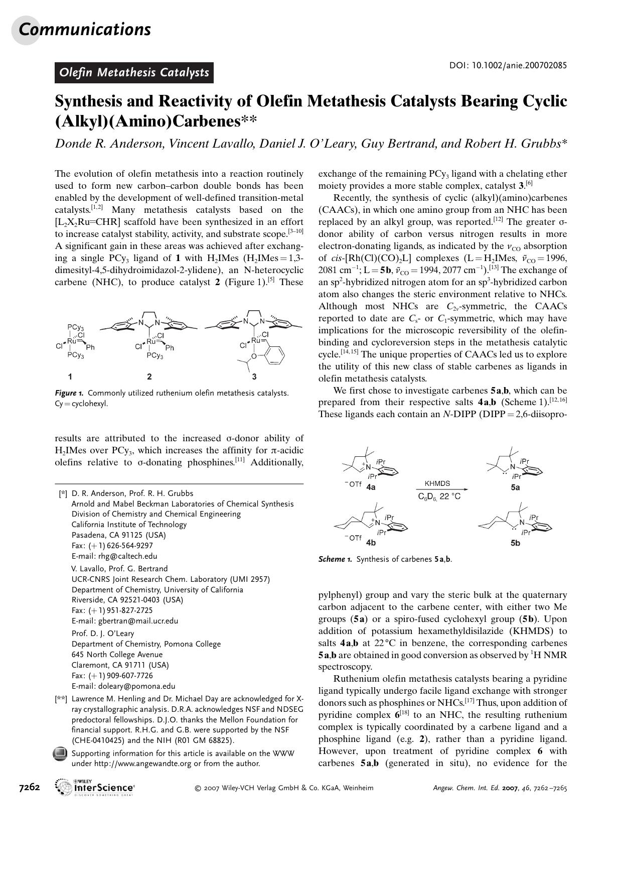 Synthesis and Reactivity of Olefin Metathesis Catalysts Bearing Cyclic (Alkyl)(Amino)Carbenes by Unknown