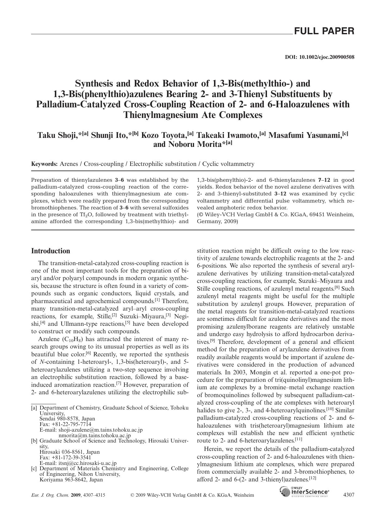 Synthesis and Redox Behavior of 1,3-Bismethylthio-) and 1,3-Bis(phenylthio)azulenes Bearing 2- and 3-Thienyl Substituents by Palladium-Catalyzed Cross-Coupling Reaction of 2- and 6 by Unknown