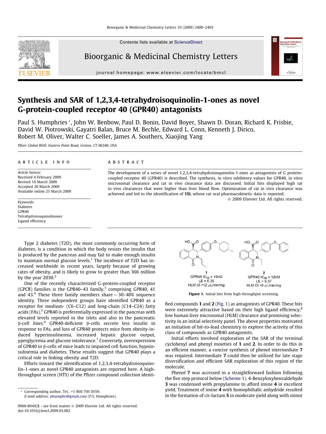 Synthesis and SAR of 1,2,3,4-tetrahydroisoquinolin-1-ones as novel G-protein-coupled receptor 40 (GPR40) antagonists by unknow