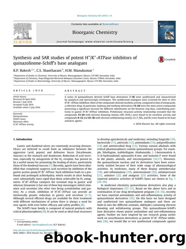 Synthesis and SAR studies of potent H+K+-ATPase inhibitors of quinazolinone-SchiffÃ¢â¬â¢s base analogues by K.P. Rakesh & C.S. Shantharam & H.M. Manukumar