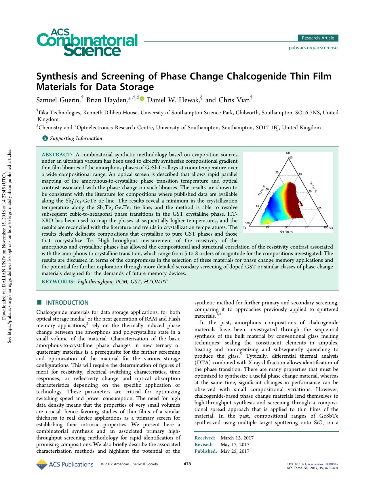 Synthesis and Screening of Phase Change Chalcogenide Thin Film Materials for Data Storage by Samuel Guerin Brian Hayden Daniel W. Hewak & Chris Vian