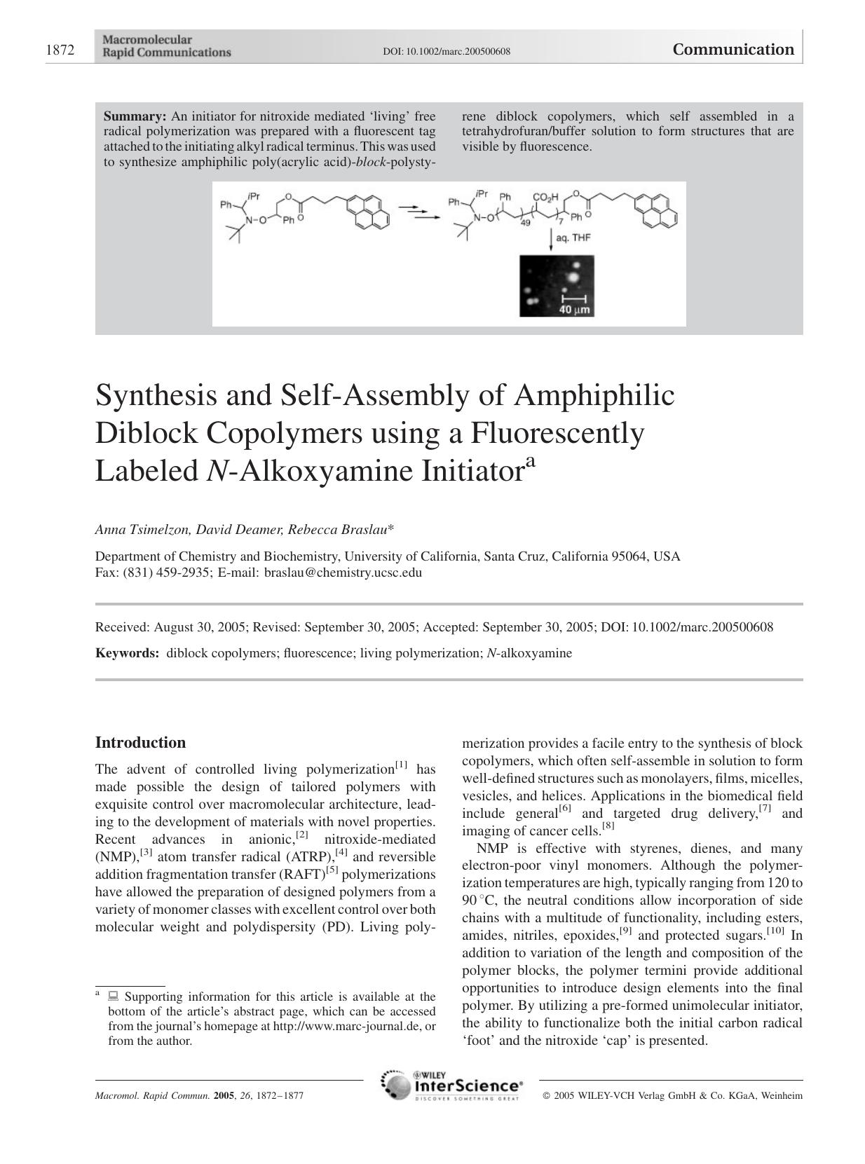 Synthesis and Self-Assembly of Amphiphilic Diblock Copolymers using a Fluorescently Labeled N-Alkoxyamine Initiator by Unknown