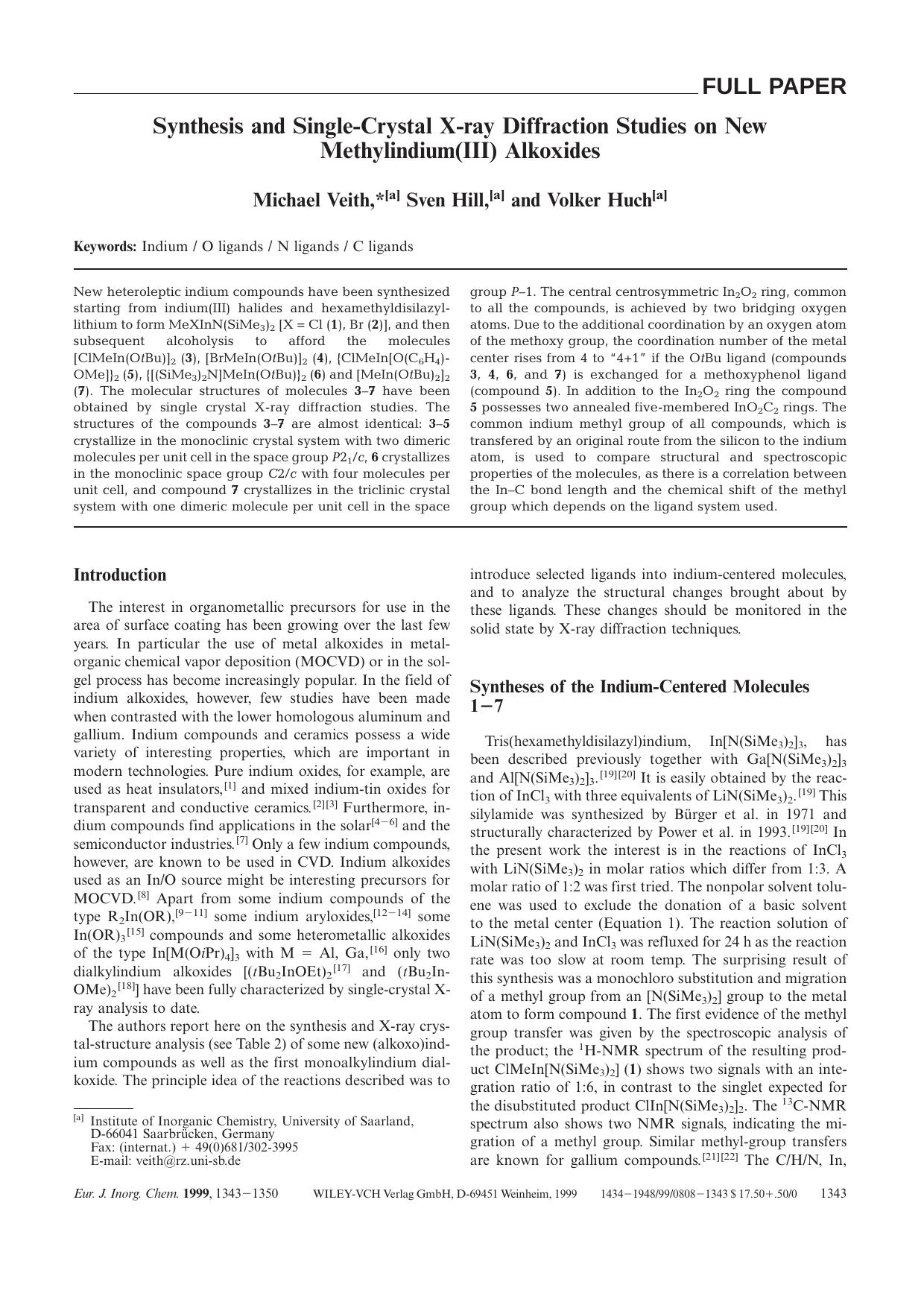 Synthesis and Single-Crystal X-ray Diffraction Studies on New Methylindium(III) Alkoxides by Unknown