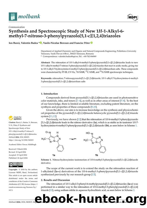 Synthesis and Spectroscopic Study of New 1H-1-Alkyl-6-methyl-7-nitroso-3-phenylpyrazolo[5,1-c][1,2,4]triazoles by Ion Burcă Valentin Badea Vasile-Nicolae Bercean & Francisc Péter