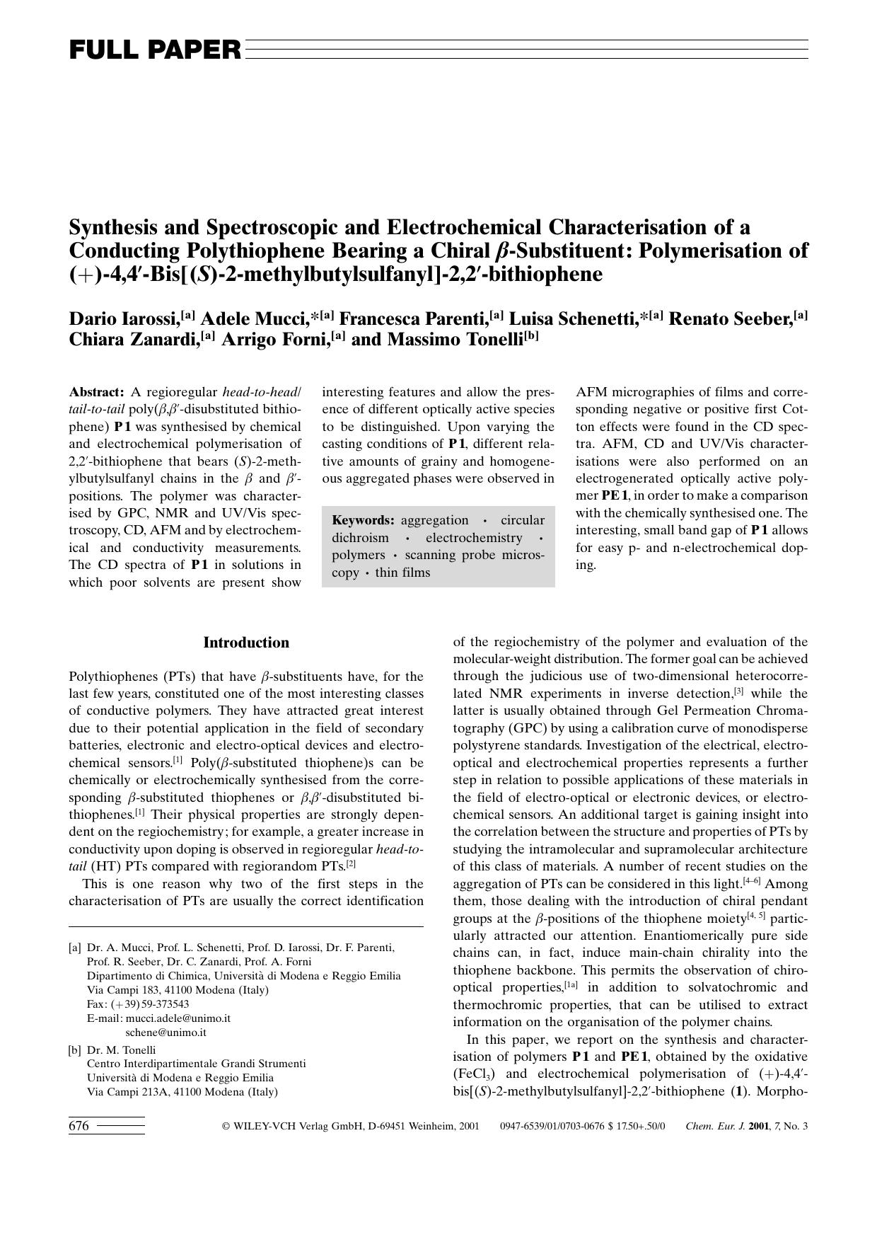 Synthesis and Spectroscopic and Electrochemical Characterisation of a Conducting Polythiophene Bearing a Chiral [beta]-Substituent: Polymerisation of (+)-4,4[prime]-Bis[(S)-2-methy by Unknown