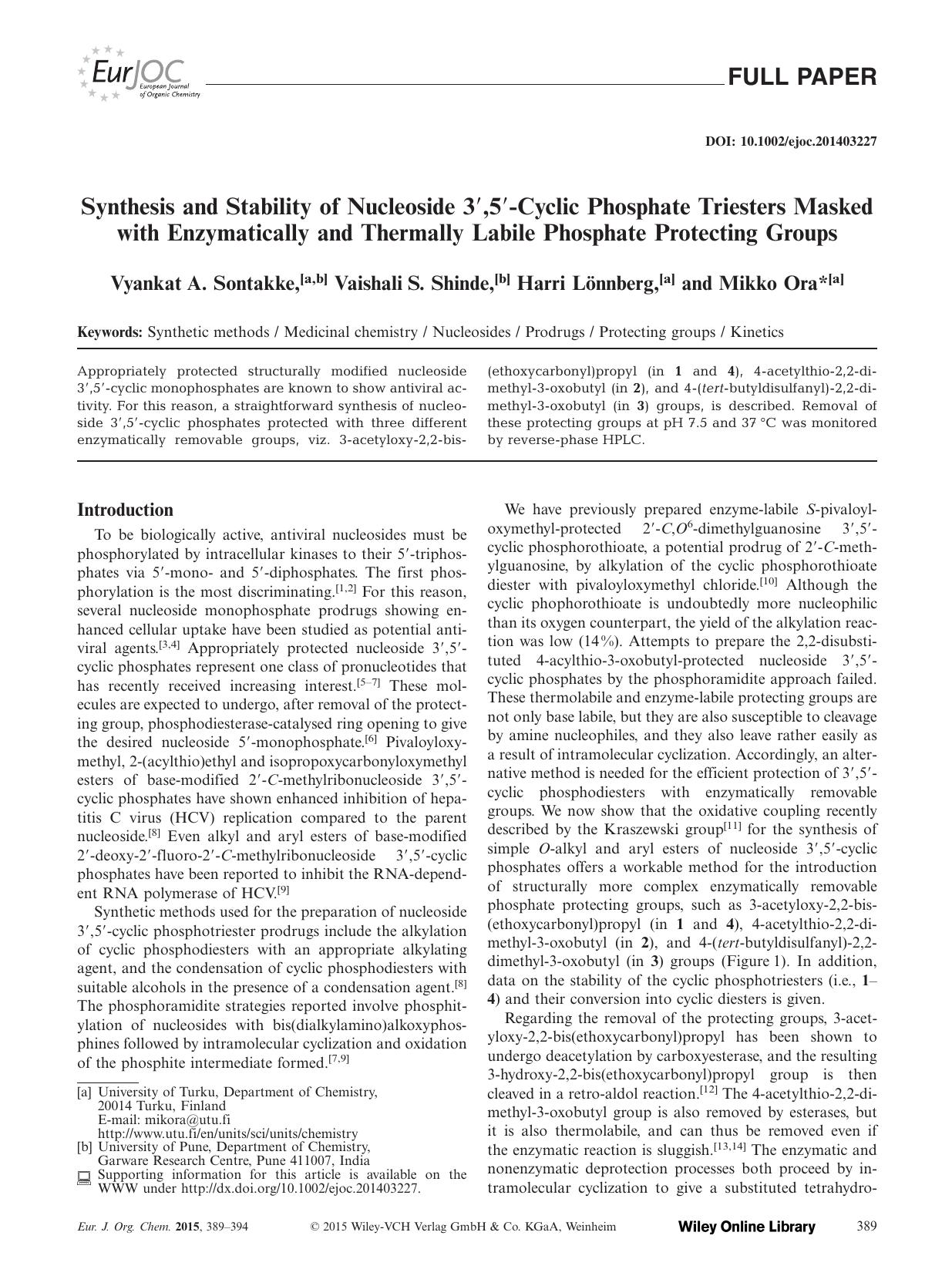 Synthesis and Stability of Nucleoside 3,5Cyclic Phosphate Triesters Masked with Enzymatically and Thermally Labile Phosphate Protecting Groups by Unknown