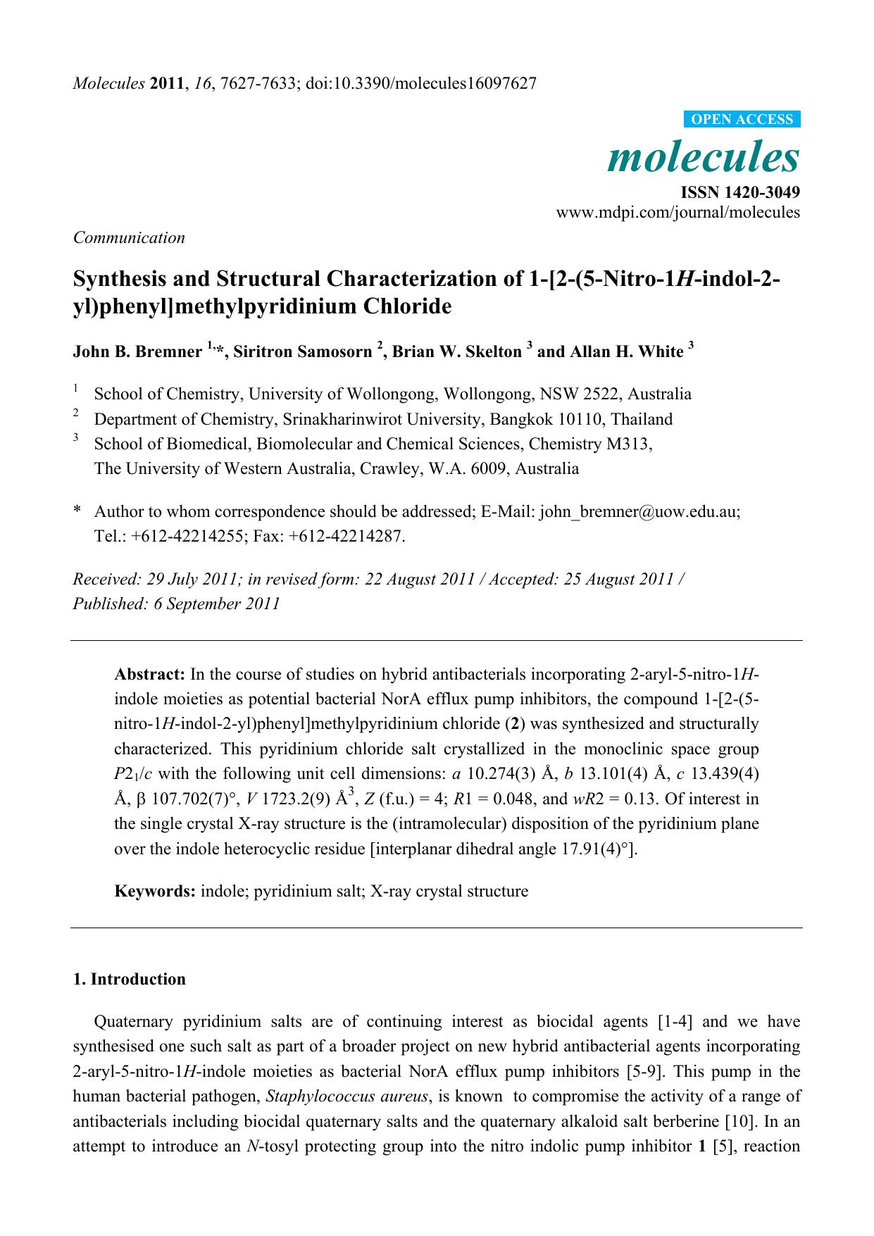 Synthesis and Structural Characterization of 1-[2-(5-Nitro-1H-indol-2-yl)phenyl]methylpyridinium Chloride by John B. Bremner & Siritron Samosorn & Brian W. Skelton & Allan H. White