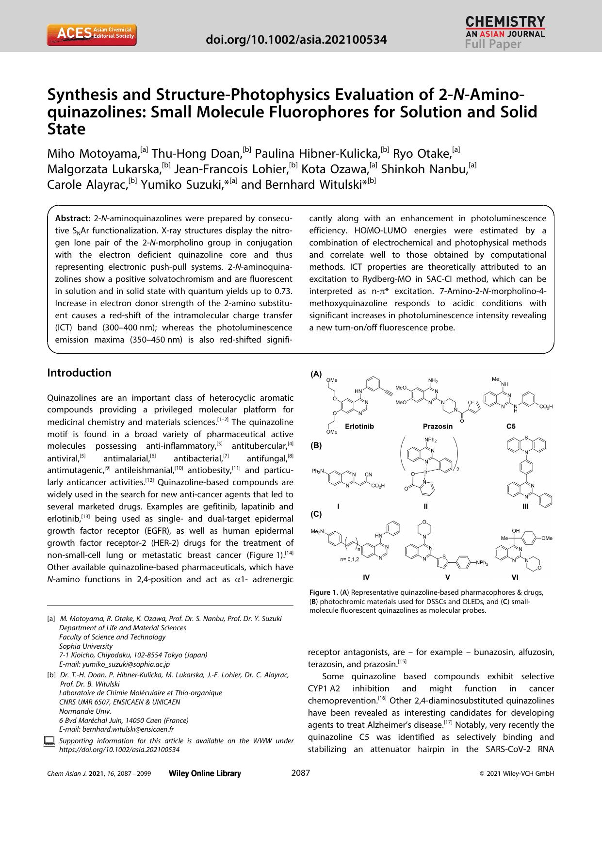 Synthesis and StructureâPhotophysics Evaluation of 2âNâAminoâquinazolines: Small Molecule Fluorophores for Solution and Solid State by Unknown