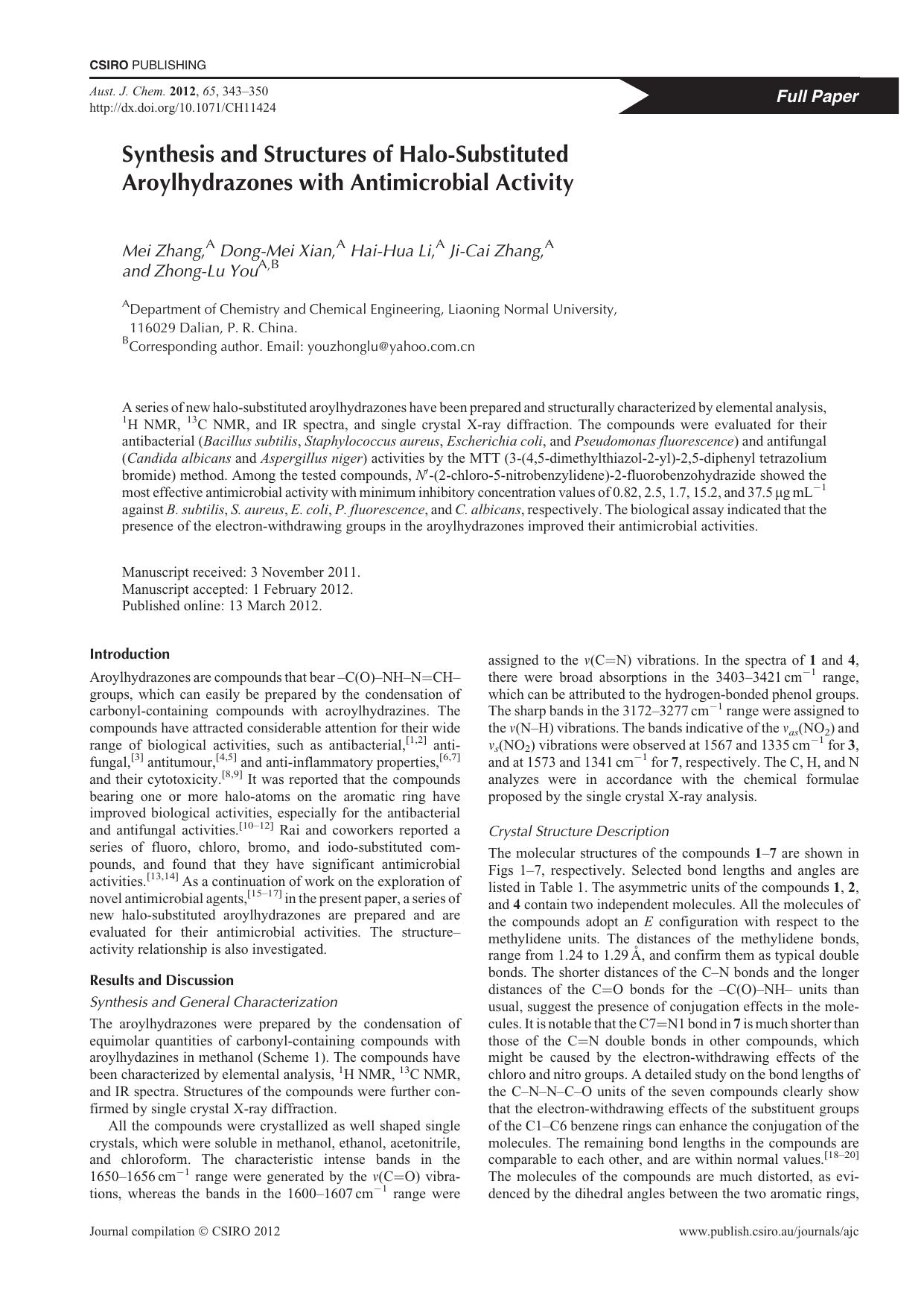 Synthesis and Structures of Halo-Substituted Aroylhydrazones with Antimicrobial Activity by M. Zhang et al