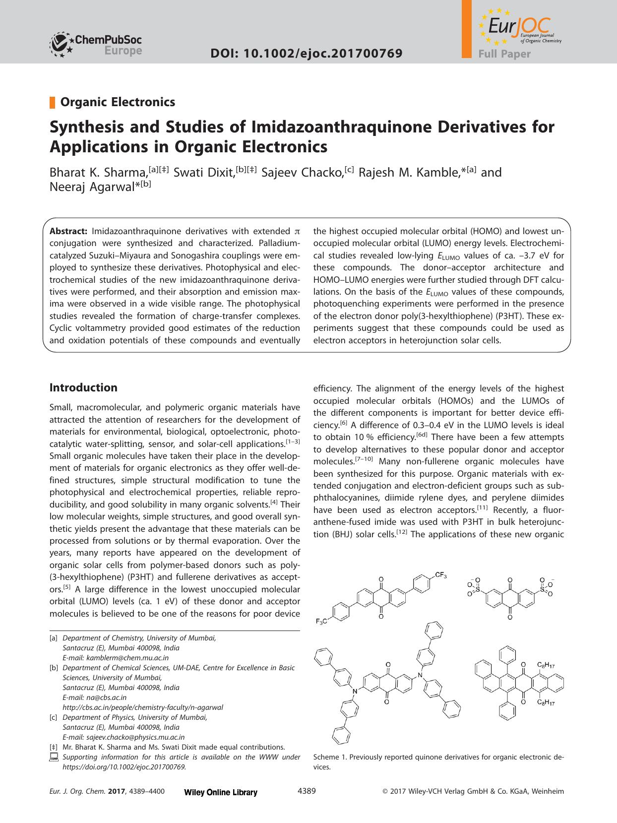 Synthesis and Studies of Imidazoanthraquinone Derivatives for Applications in Organic Electronics by Unknown