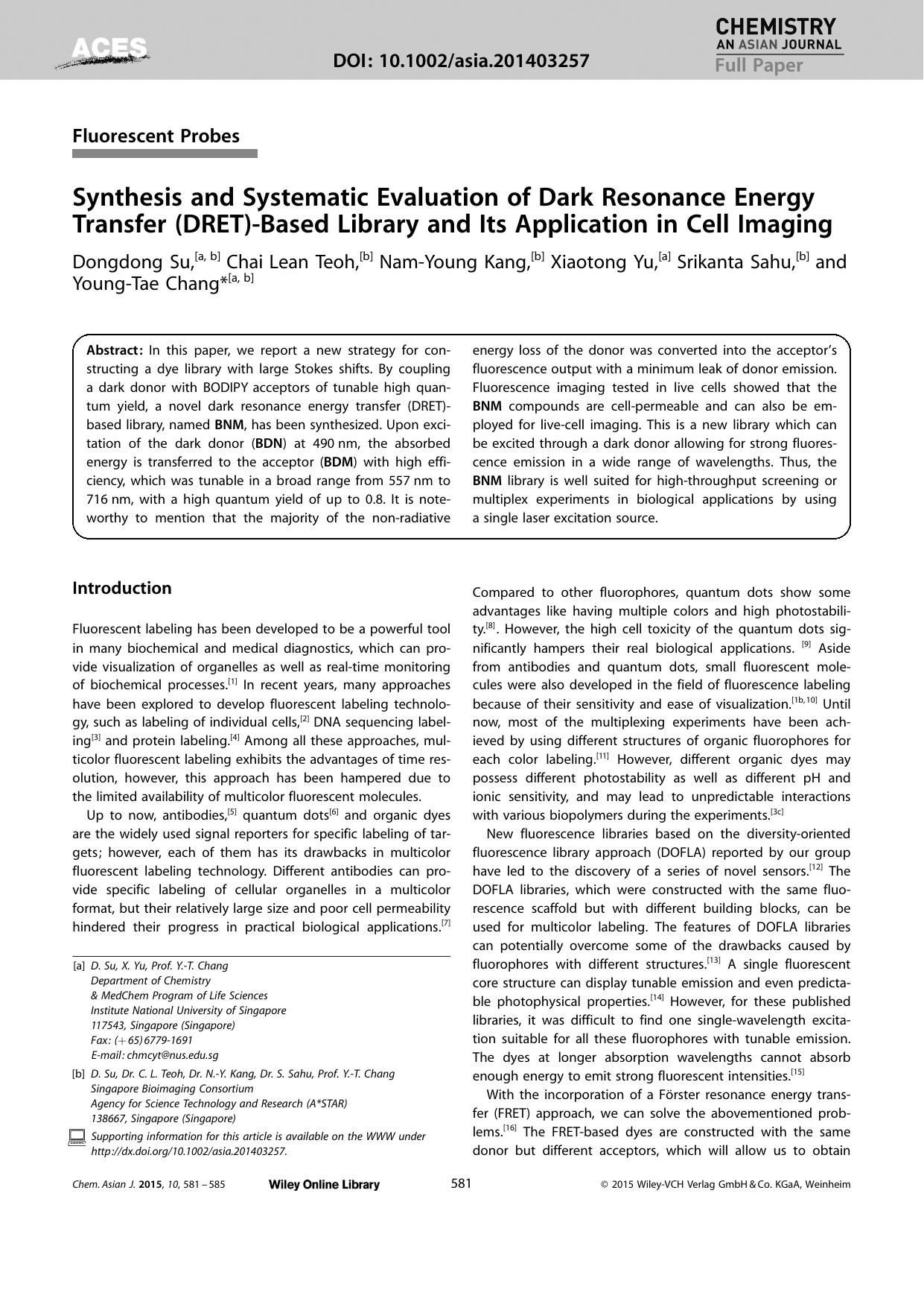 Synthesis and Systematic Evaluation of Dark Resonance Energy Transfer (DRET)Based Library and Its Application in Cell Imaging by Unknown