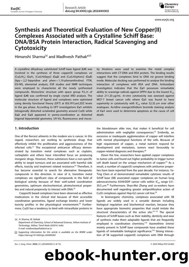 Synthesis and Theoretical Evaluation of New Copper(II) Complexes Associated with a Crystalline Schiff Base: DNABSA Protein Interaction, Radical Scavenging and Cytotoxicity by Unknown