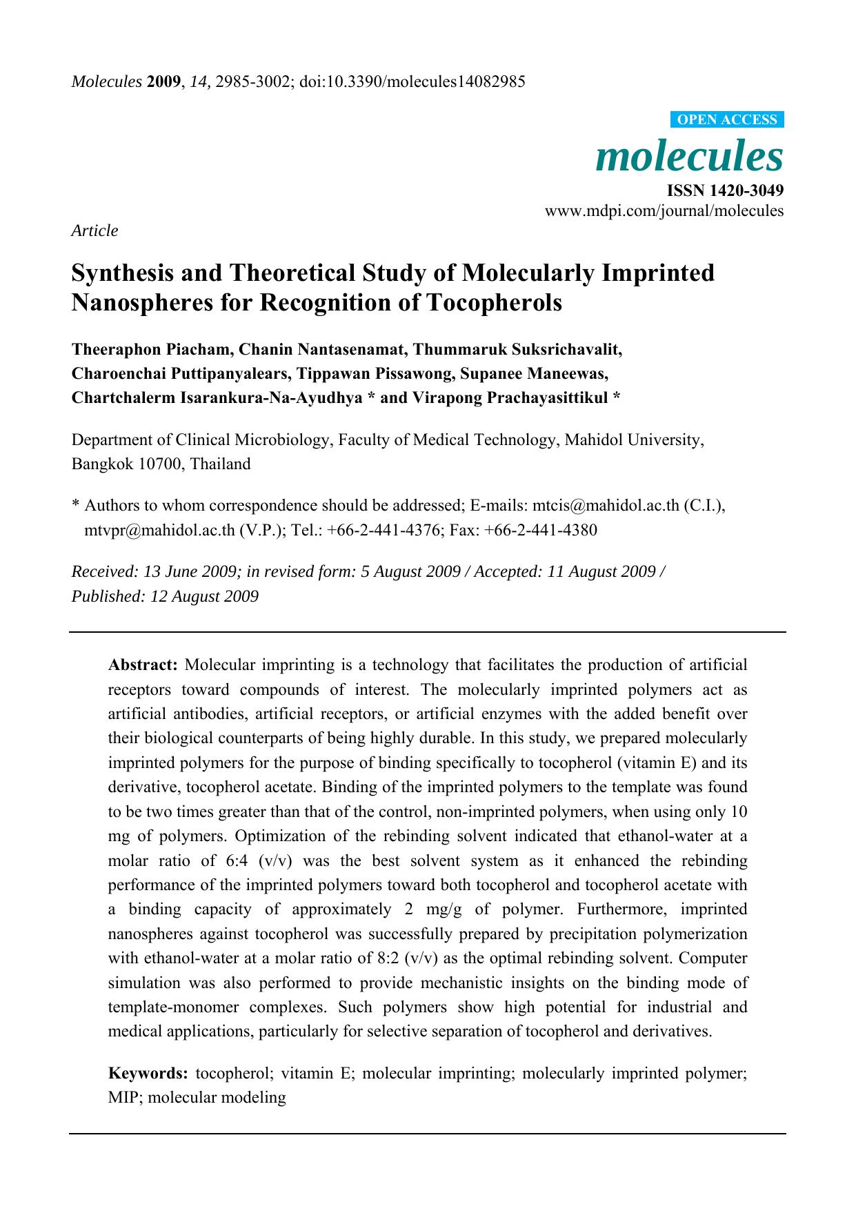 Synthesis and Theoretical Study of Molecularly Imprinted Nanospheres for Recognition of Tocopherols by unknow