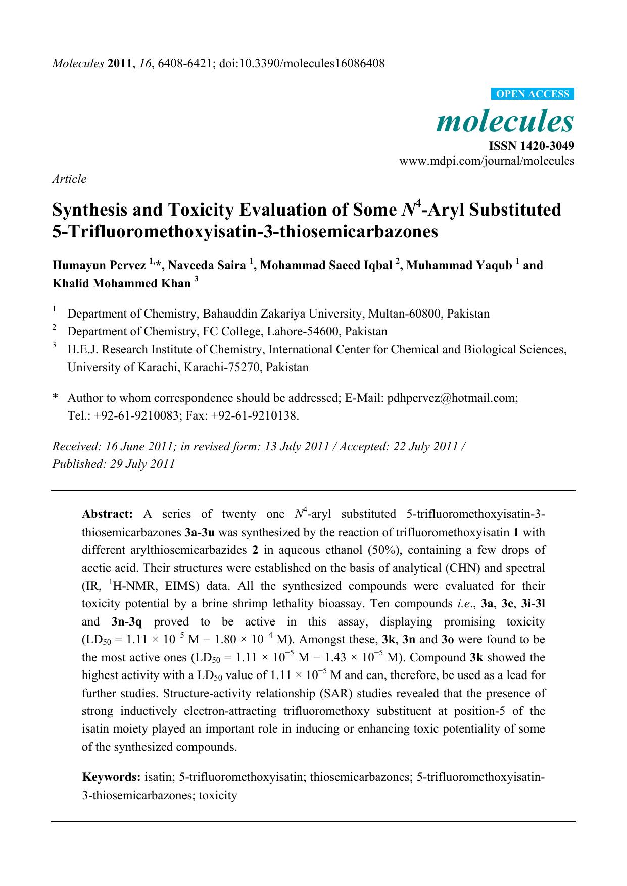 Synthesis and Toxicity Evaluation of Some N4-Aryl Substituted 5-Trifluoromethoxyisatin-3-thiosemicarbazones by Humayun Pervez & Naveeda Saira & Mohammad Saeed Iqbal & Muhammad Yaqub & Khalid Mohammed Khan