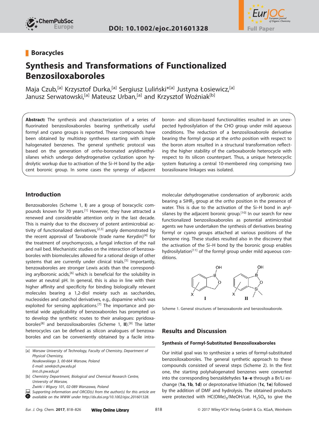 Synthesis and Transformations of Functionalized Benzosiloxaboroles by Unknown