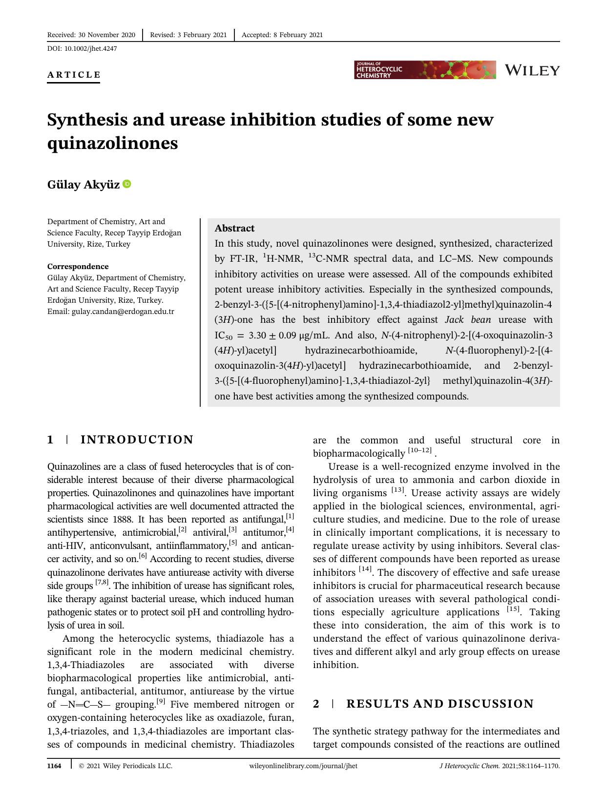 Synthesis and Urease Inhibition Studies of Some New Quinazolinones by Unknown
