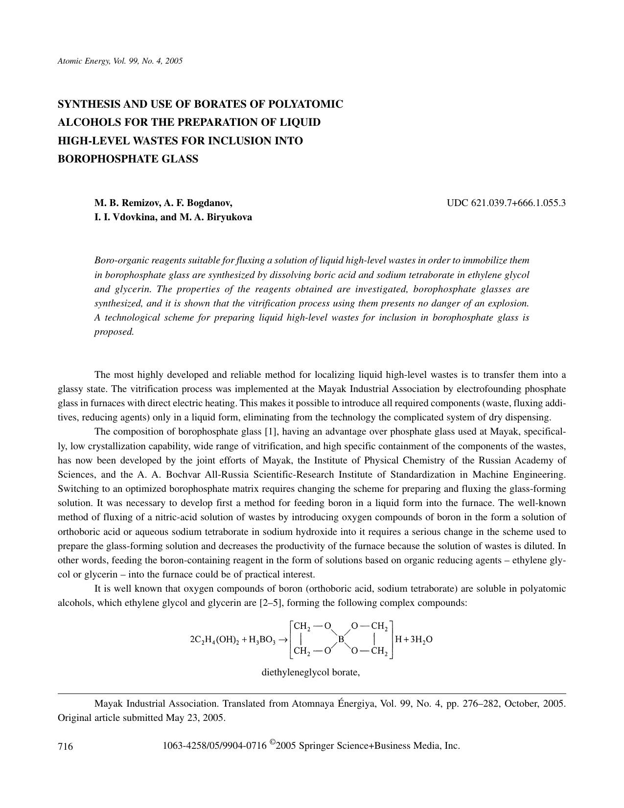 Synthesis and Use of Borates of Polyatomic Alcohols for the Preparation of Liquid High-Level Wastes for Inclusion into Borophosphate Glass by Unknown