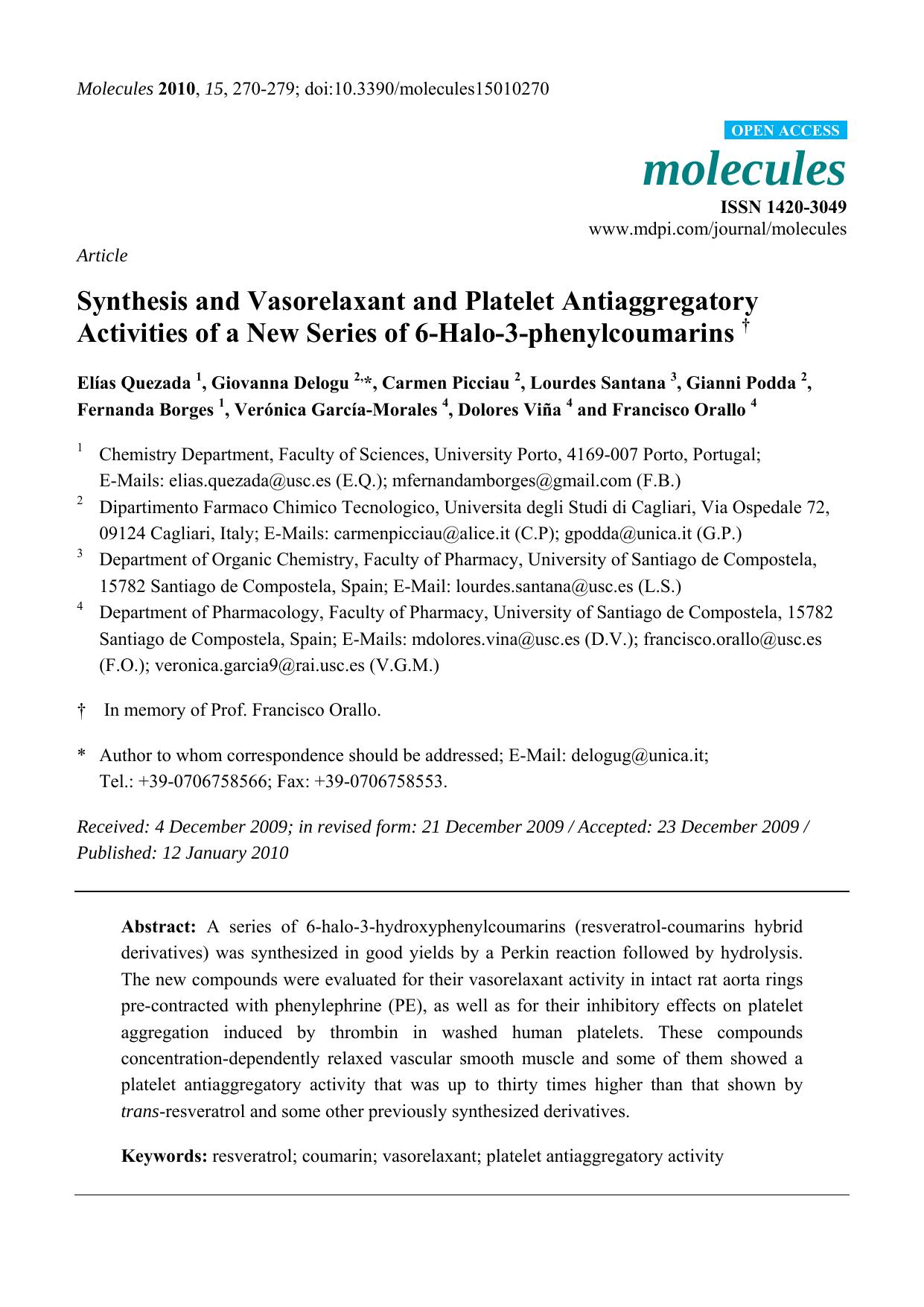 Synthesis and Vasorelaxant and Platelet Antiaggregatory Activities of a New Series of 6-Halo-3-phenylcoumarins â  by unknow