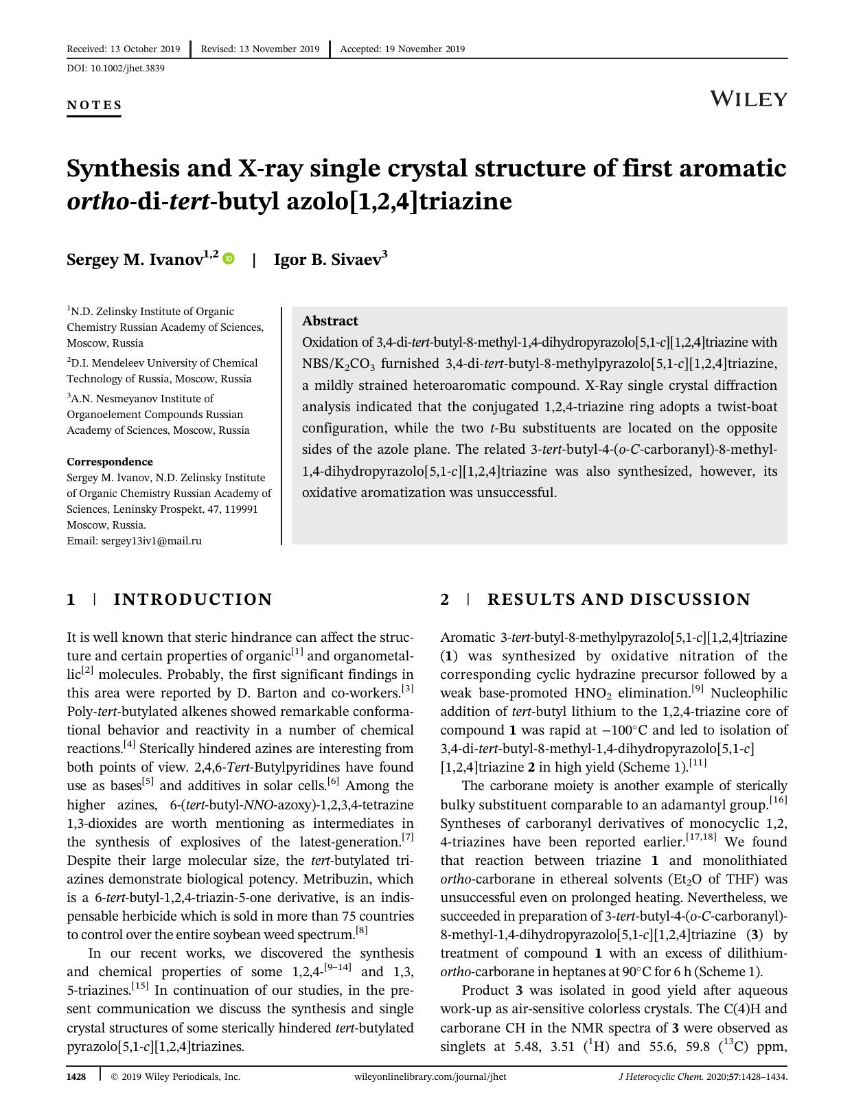Synthesis and Xâray single crystal structure of first aromatic orthoâdiâtertâbutyl azolo[1,2,4]triazine by Sergey M. Ivanov & Igor B. Sivaev
