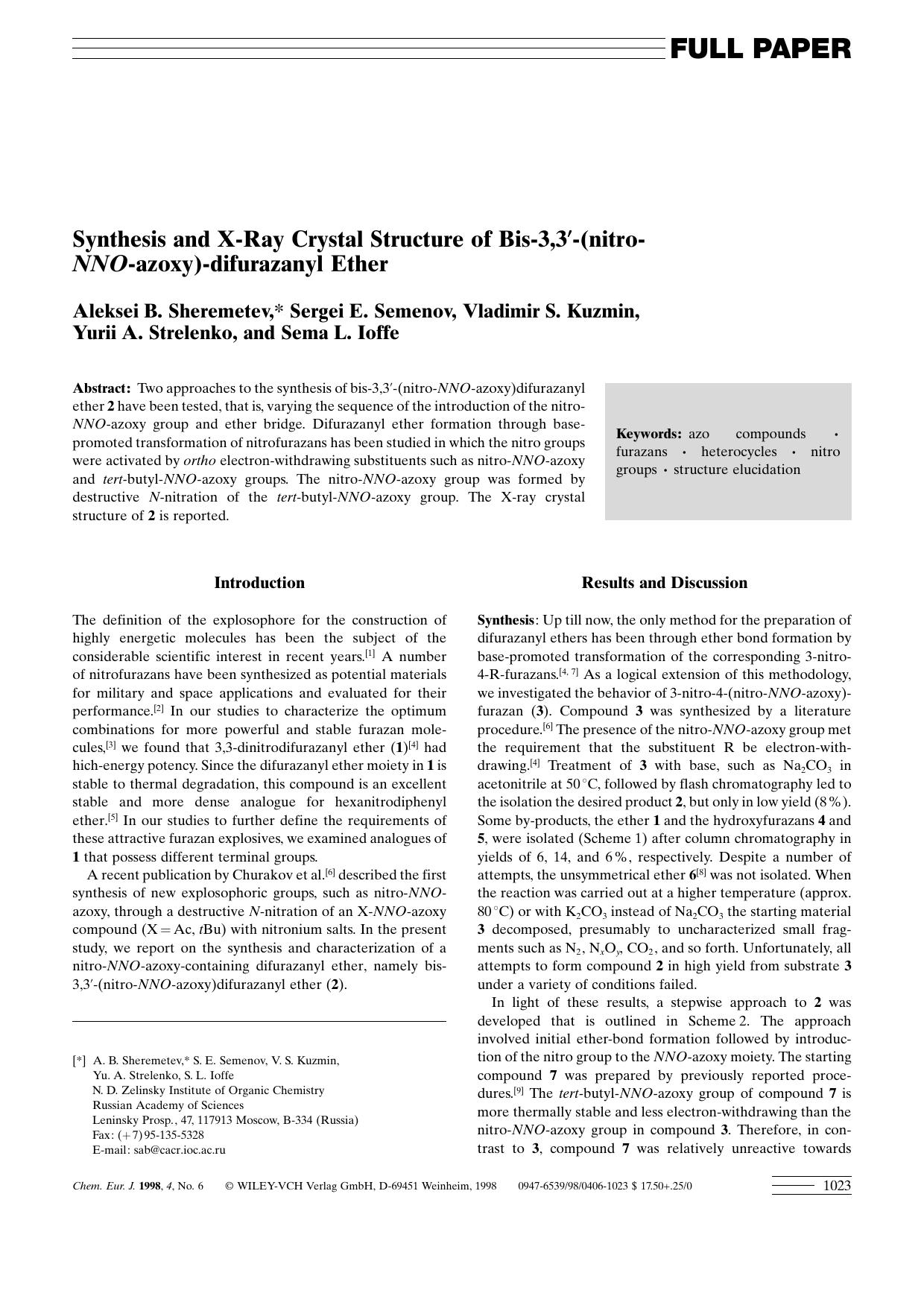 Synthesis and X-Ray Crystal Structure of Bis-3,3[prime]-(nitro- NNO-azoxy)-difurazanyl Ether by Unknown