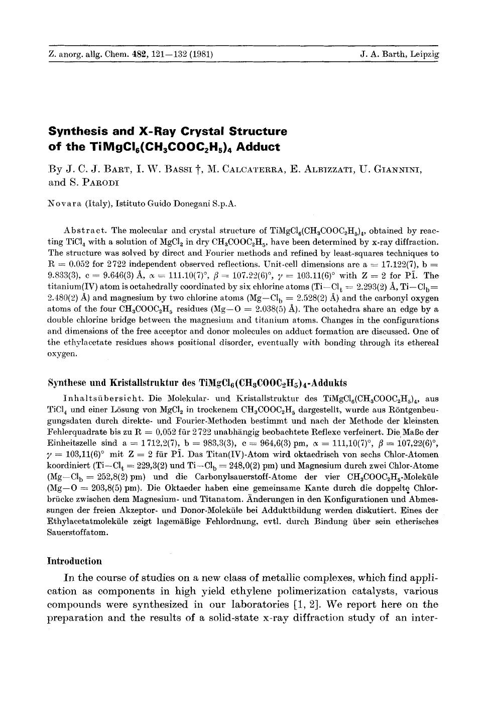 Synthesis and X-Ray Crystal Structure of the TiMgCl6(CH3COOC2H5)4 Adduct by Unknown