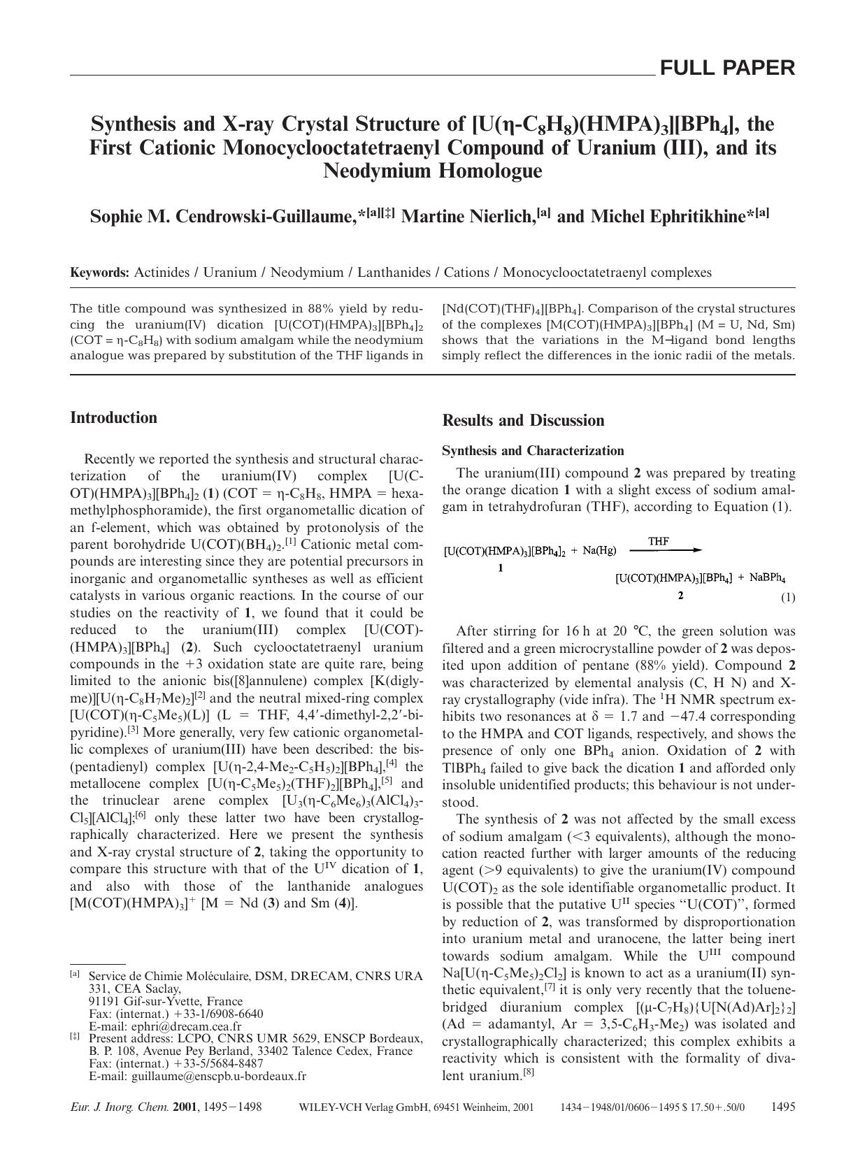 Synthesis and X-ray Crystal Structure of [U([eegr]-C8H8)(HMPA)3][BPh4], the First Cationic Monocyclooctatetraenyl Compound of Uranium (III), and its Neodymium Homologue by Unknown