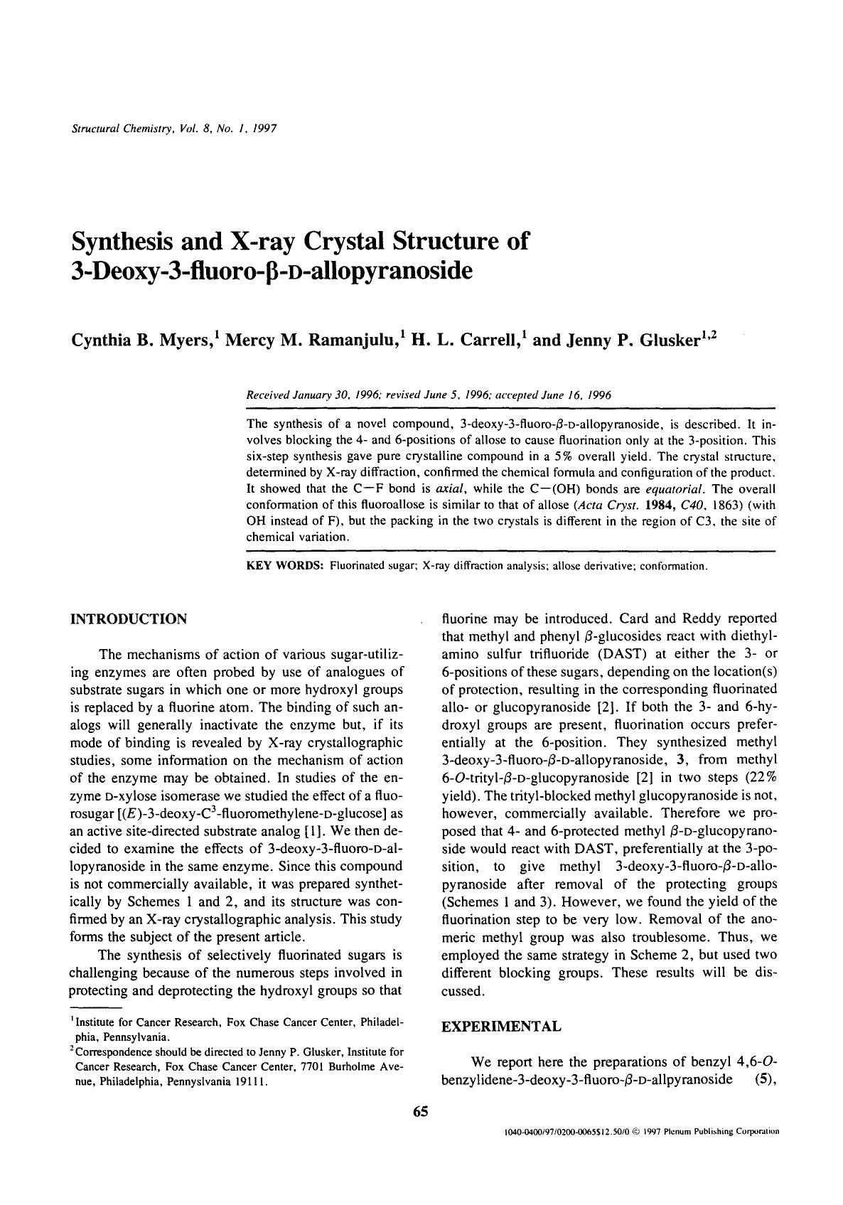 Synthesis and X-ray crystal structure of 3-deoxy-3-fluoro-β-D-allopyranoside by Unknown