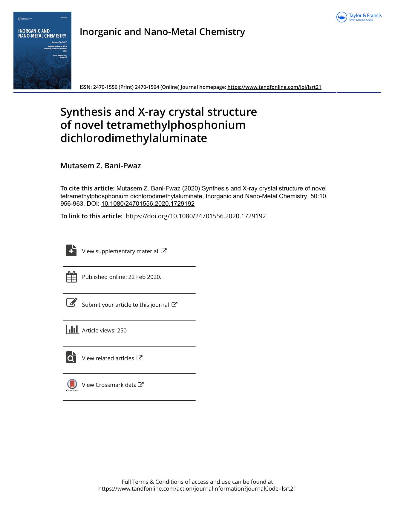 Synthesis and X-ray crystal structure of novel tetramethylphosphonium dichlorodimethylaluminate by Bani-Fwaz Mutasem Z