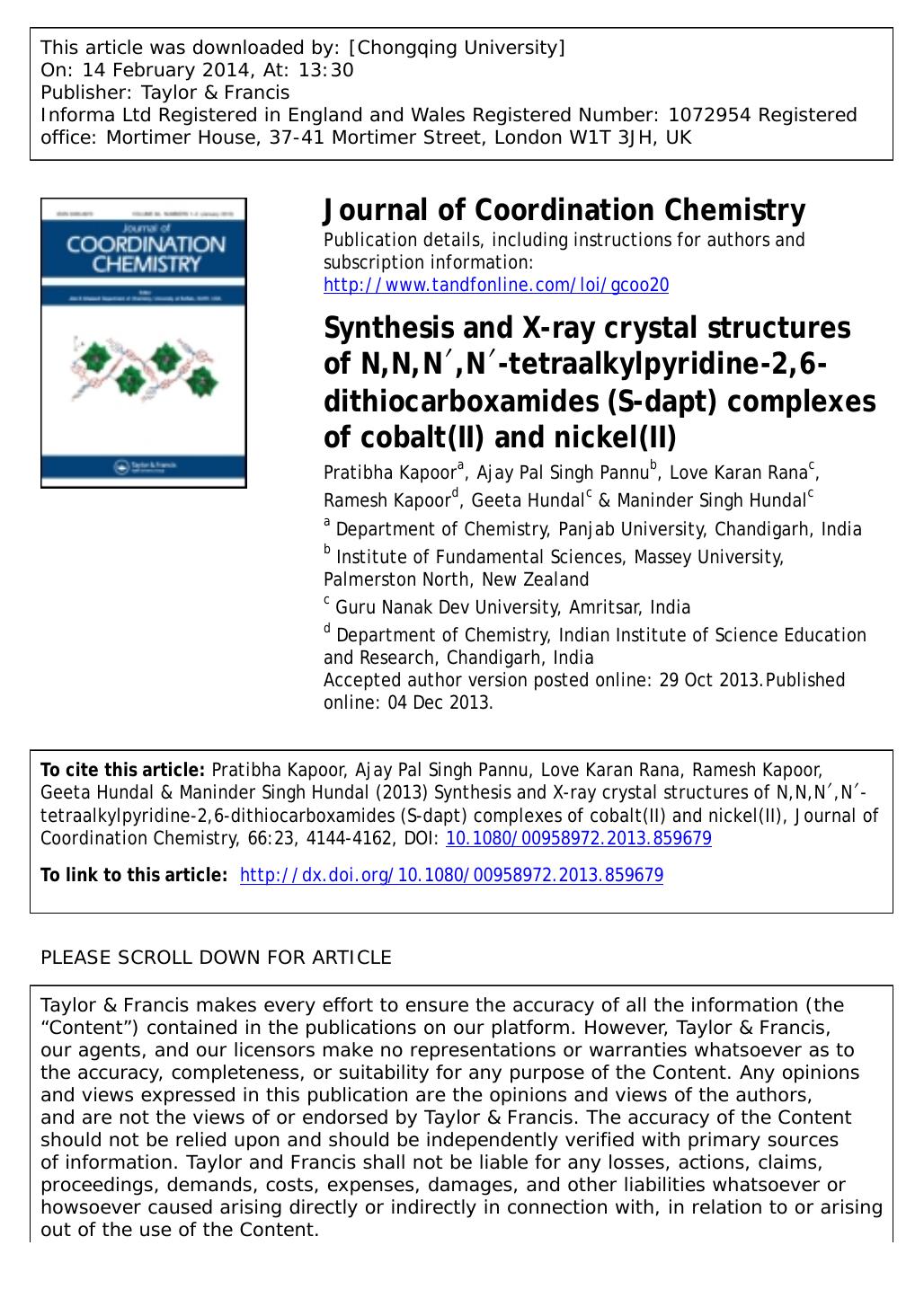 Synthesis and X-ray crystal structures of N,N,Nâ²,Nâ²-tetraalkylpyridine-2,6-dithiocarboxamides (S-dapt) complexes of cobalt(II) and nickel(II) by unknow
