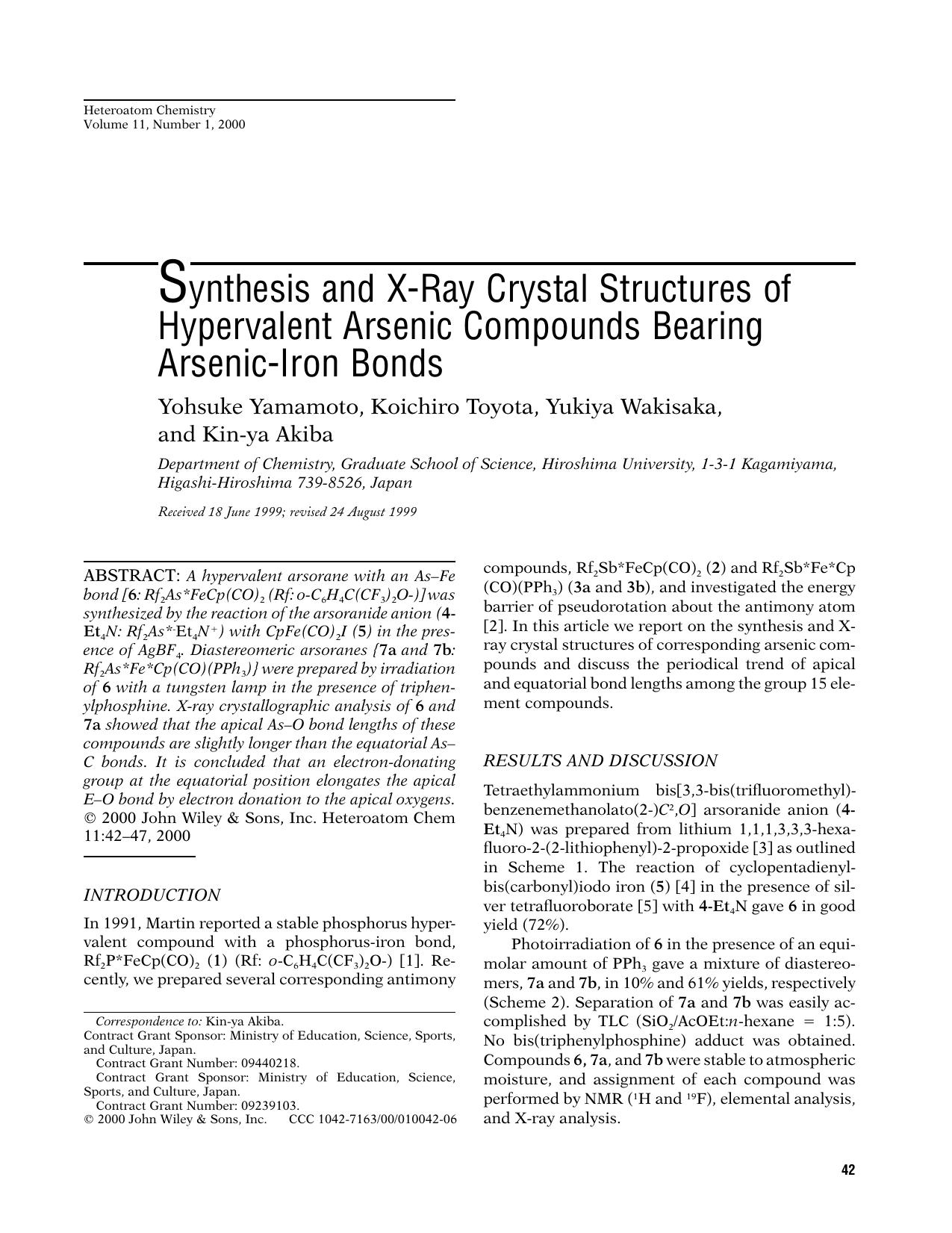 Synthesis and X-ray crystal structures of hypervalent arsenic compounds bearing arsenic-iron bonds by Unknown