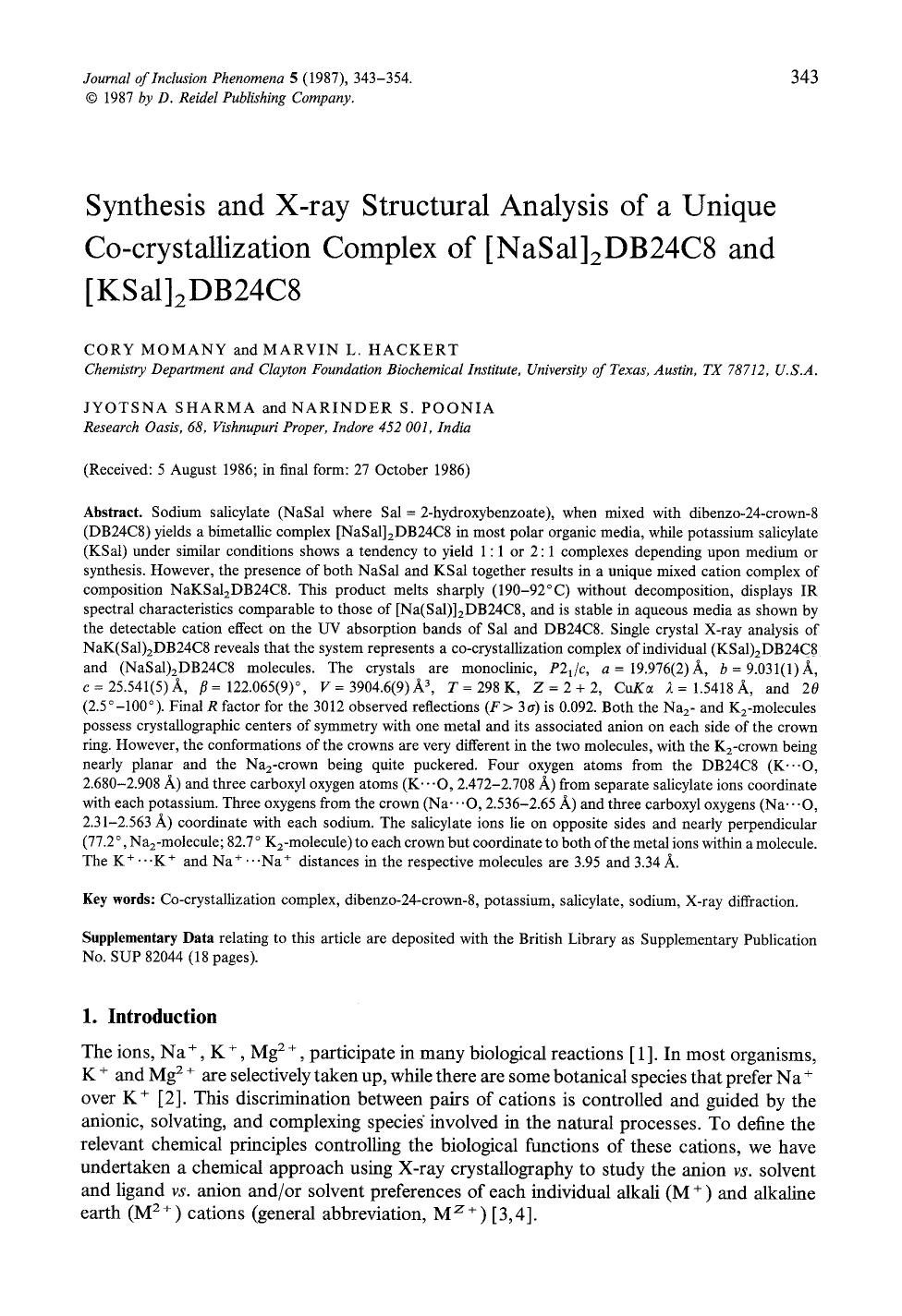 Synthesis and X-ray structural analysis of a unique Co-crystallization complex of [NaSal] <Subscript>2 <Subscript>DB24C8 and [KSal] <Subscript>2 <Subscript>DB24C8 by Unknown