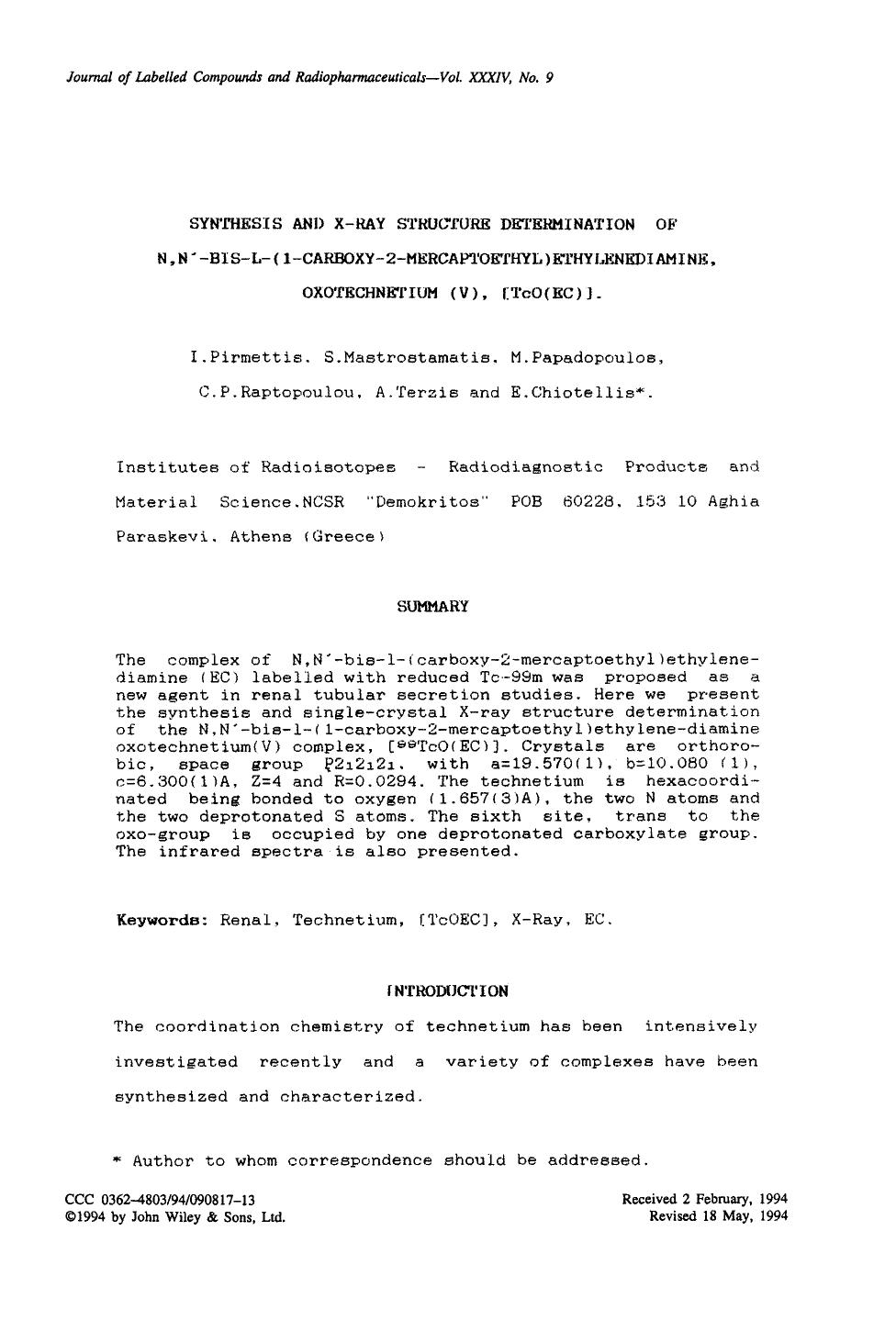 Synthesis and X-ray structure determination of N,N[prime]-bis-l-(1-carboxy-2-mercaptoethyl)ethylenediamine, oxotechnetium (V), [TcO(EC)] by Unknown