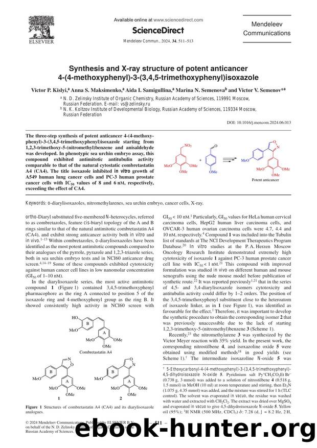 Synthesis and X-ray structure of potent anticancer 4-(4-methoxyphenyl)-3-(3,4,5-trimethoxyphenyl)isoxazole by Victor P. Kislyi & Anna S. Maksimenko & Aida I. Samigullina & Marina N. Semenova & Victor V. Semenov