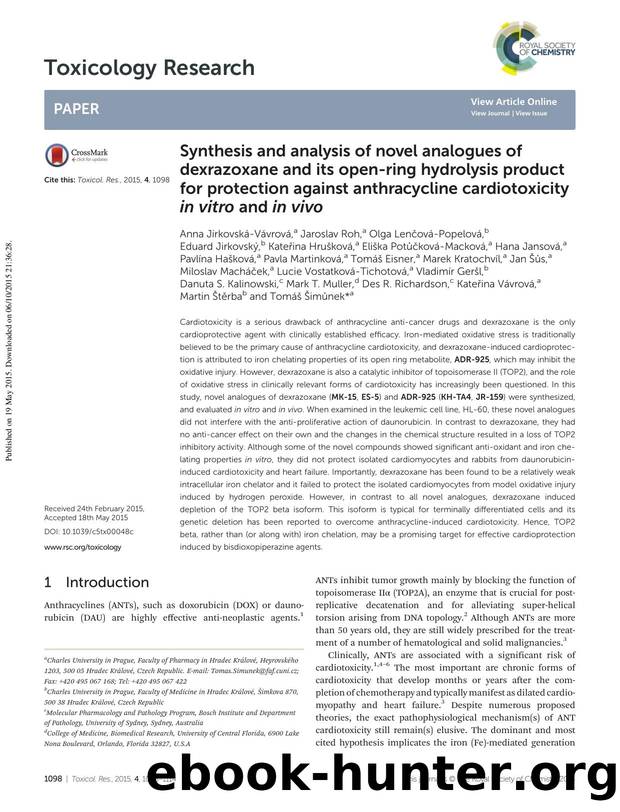 Synthesis and analysis of novel analogues of dexrazoxane and its open-ring hydrolysis product for protection against anthracycline cardiotoxicity in vitro and in vivo by unknow
