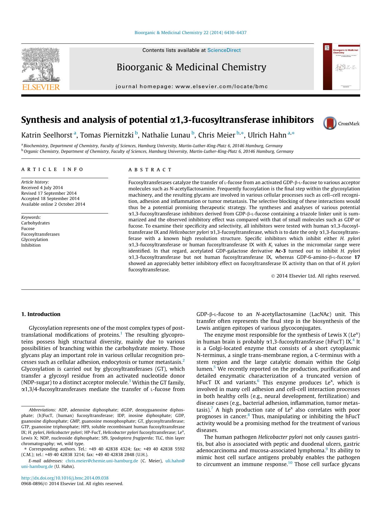 Synthesis and analysis of potential ÃÂ±1,3-fucosyltransferase inhibitors by Katrin Seelhorst & Tomas Piernitzki & Nathalie Lunau & Chris Meier & Ulrich Hahn