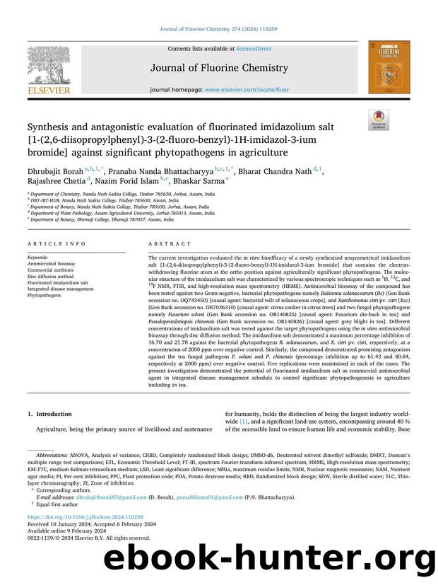 Synthesis and antagonistic evaluation of fluorinated imidazolium salt [1-(2,6-diisopropylphenyl)-3-(2-fluoro-benzyl)-1H-imidazol-3-ium bromide] against significant phytopathogens in agriculture by unknow