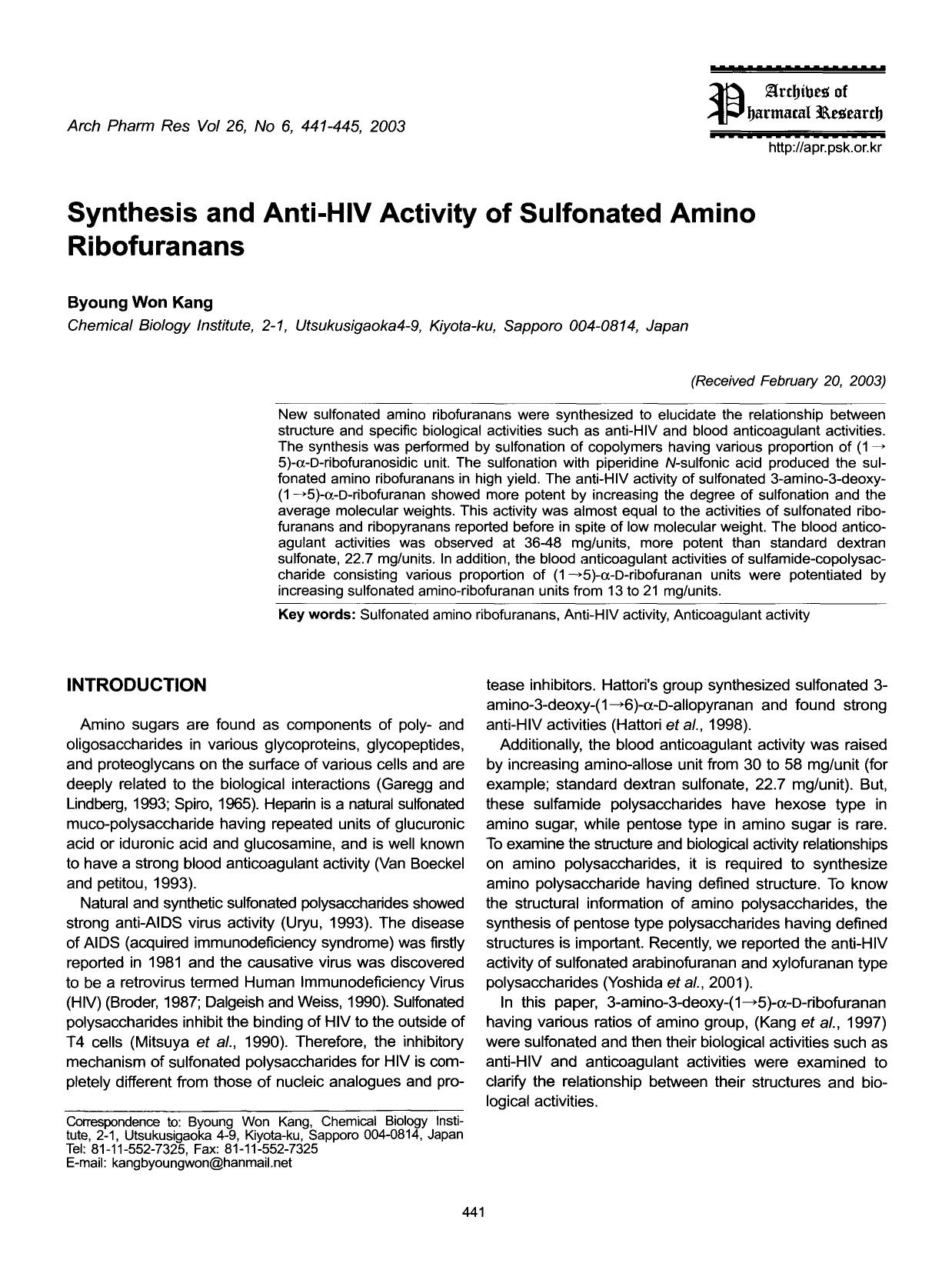 Synthesis and anti-HIV activity of sulfonated amino ribofuranans by Unknown