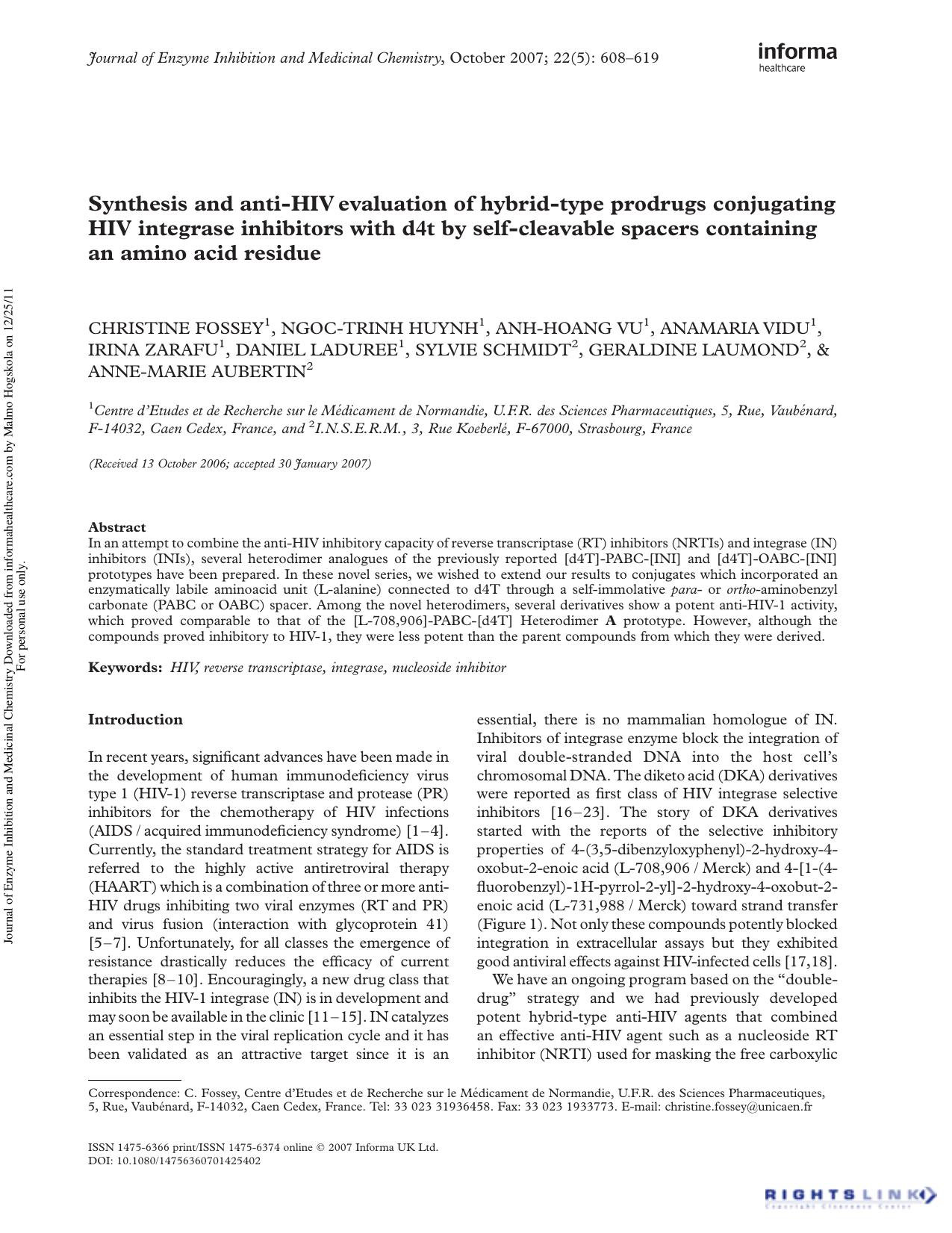 Synthesis and anti-HIV evaluation of hybrid-type prodrugs conjugating HIV integrase inhibitors with d4t by self-cleavable spacers containing an amino acid residue by unknow